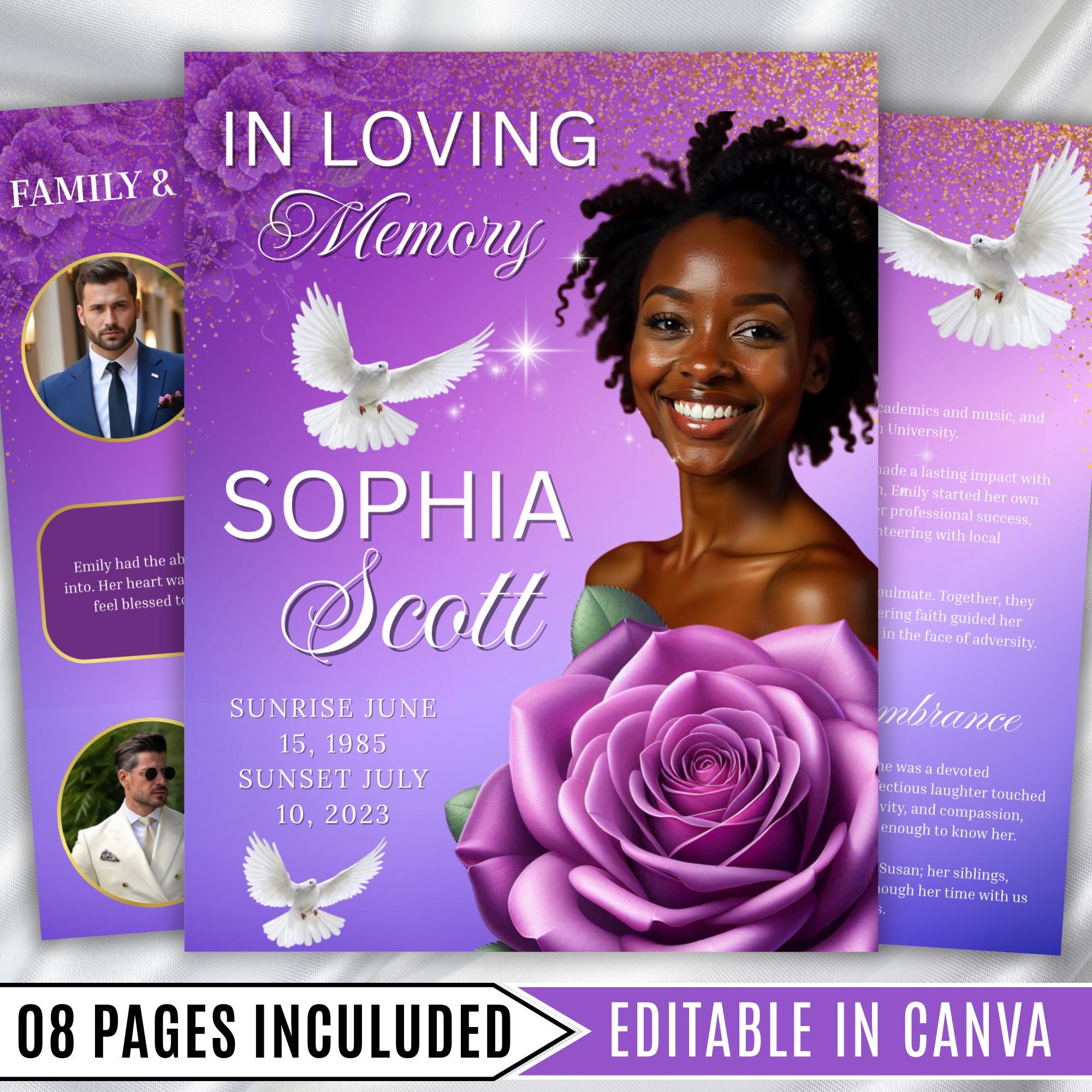 08 Pages Purple Funeral Program Template, Bi-Fold Funeral Program, Obituary Celebration Of Life Program, Digital Download - Editable Memorial Canva Template