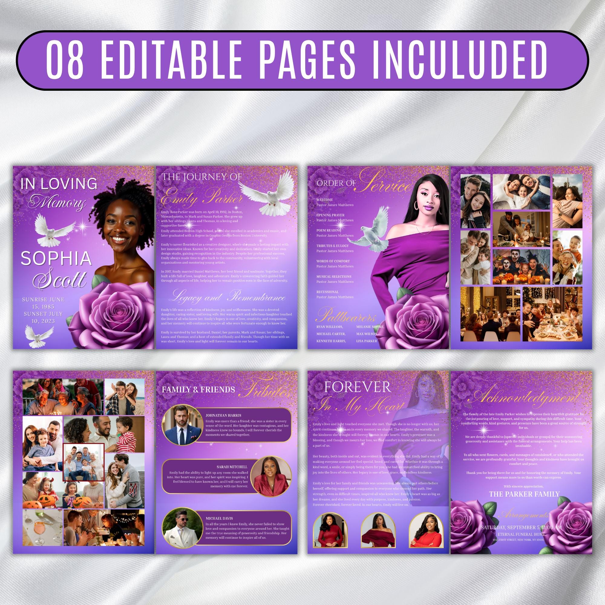 08 Pages Purple Funeral Program Template, Bi-Fold Funeral Program, Obituary Celebration Of Life Program, Digital Download - Editable Memorial Canva Template