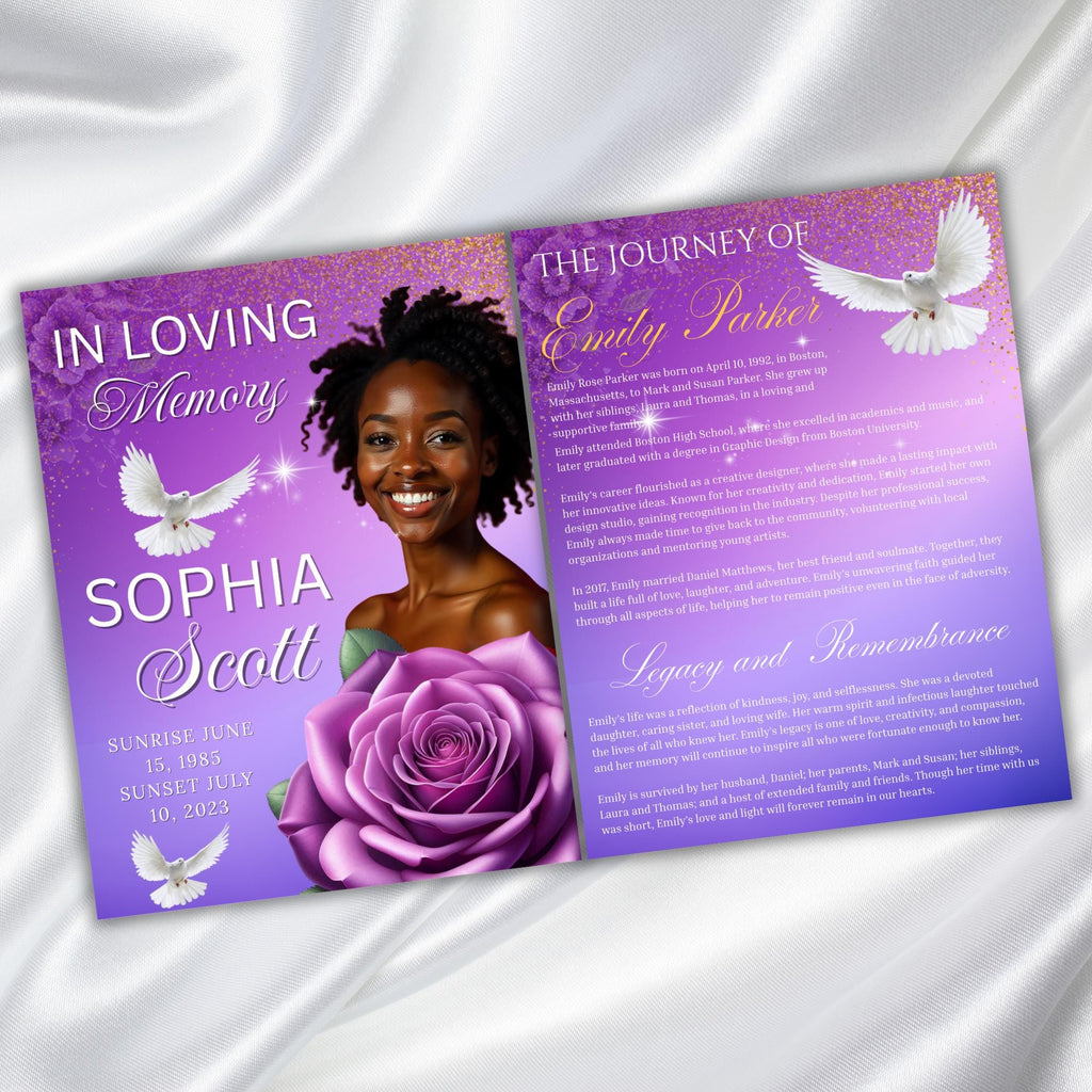 08 Pages Purple Funeral Program Template, Bi-Fold Funeral Program, Obituary Celebration Of Life Program, Digital Download - Editable Memorial Canva Template