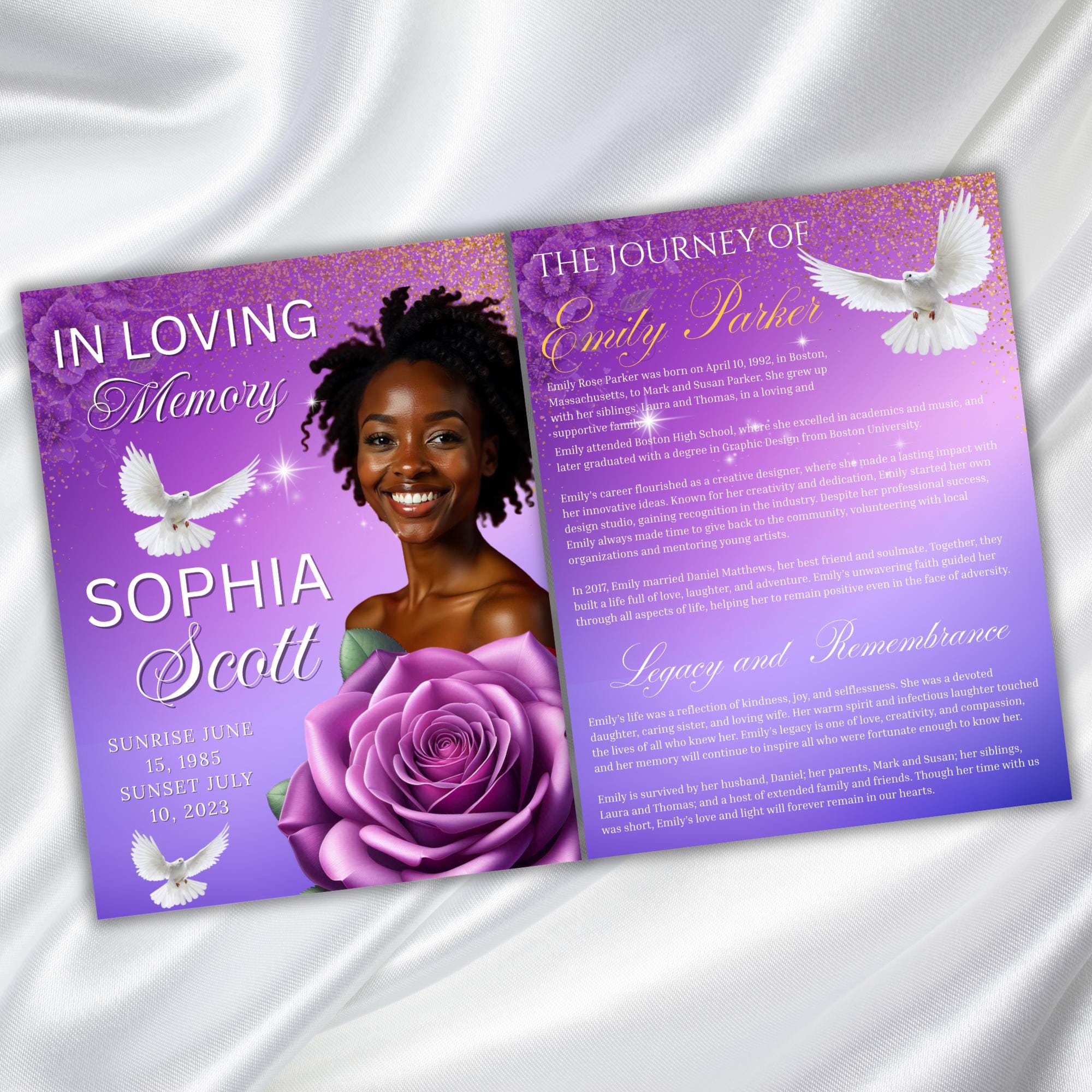 08 Pages Purple Funeral Program Template, Bi-Fold Funeral Program, Obituary Celebration Of Life Program, Digital Download - Editable Memorial Canva Template