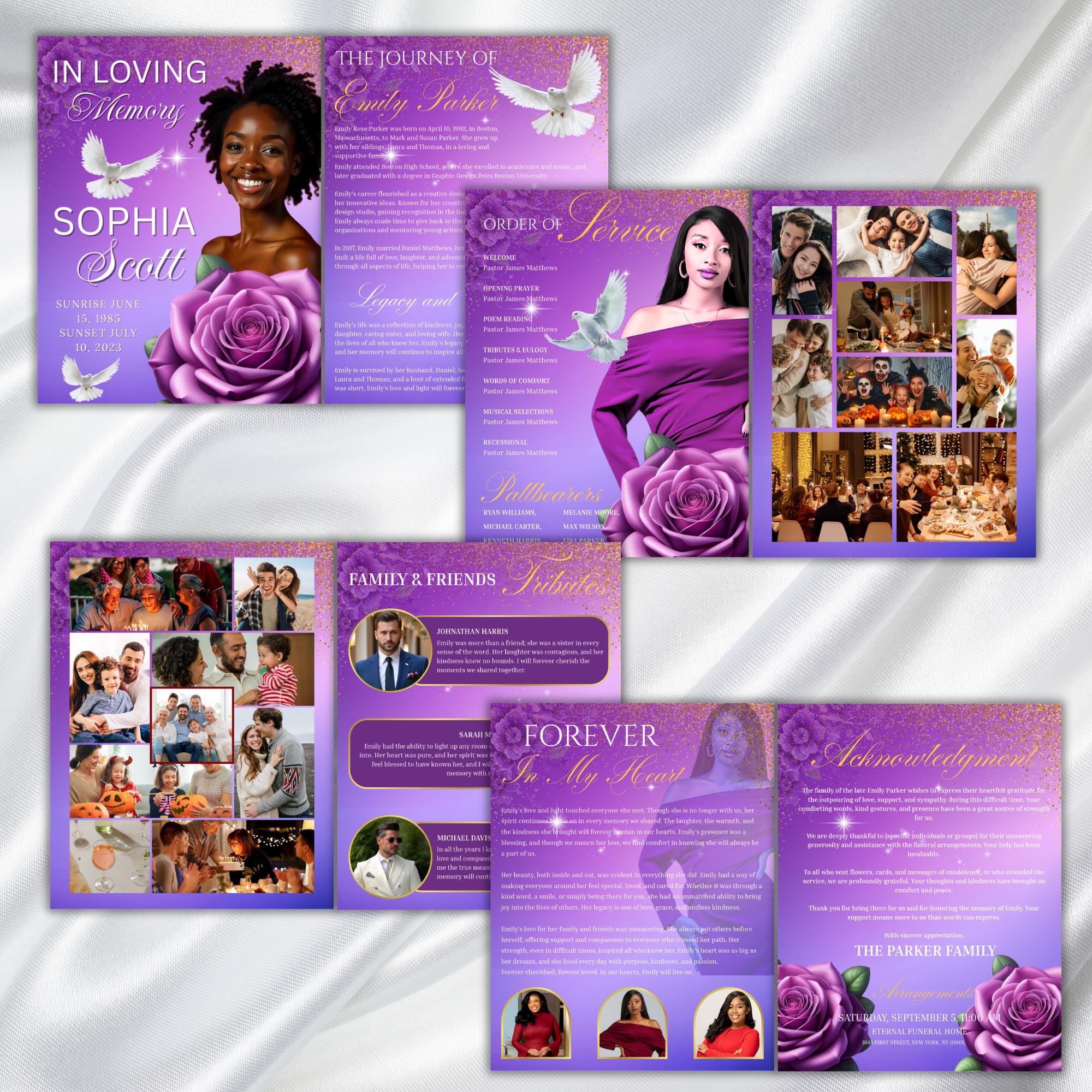 08 Pages Purple Funeral Program Template, Bi-Fold Funeral Program, Obituary Celebration Of Life Program, Digital Download - Editable Memorial Canva Template