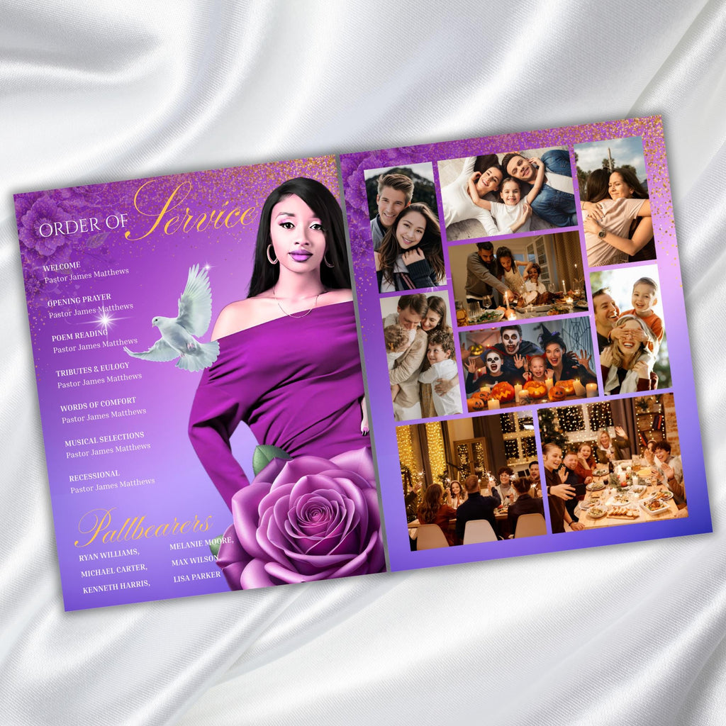 08 Pages Purple Funeral Program Template, Bi-Fold Funeral Program, Obituary Celebration Of Life Program, Digital Download - Editable Memorial Canva Template