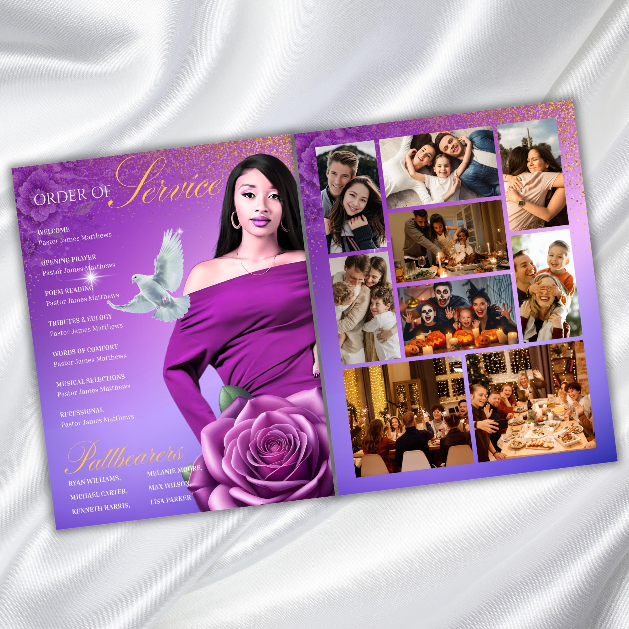 08 Pages Purple Funeral Program Template, Bi-Fold Funeral Program, Obituary Celebration Of Life Program, Digital Download - Editable Memorial Canva Template