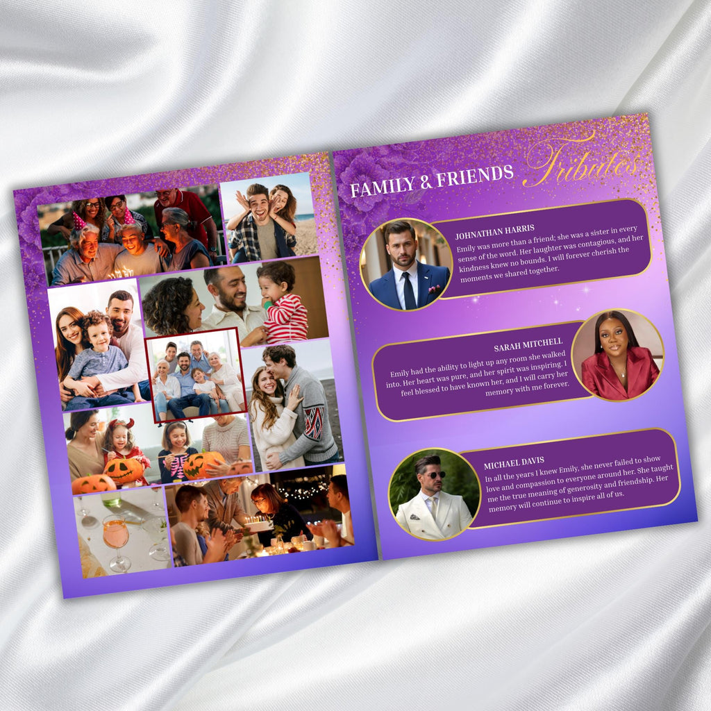 08 Pages Purple Funeral Program Template, Bi-Fold Funeral Program, Obituary Celebration Of Life Program, Digital Download - Editable Memorial Canva Template