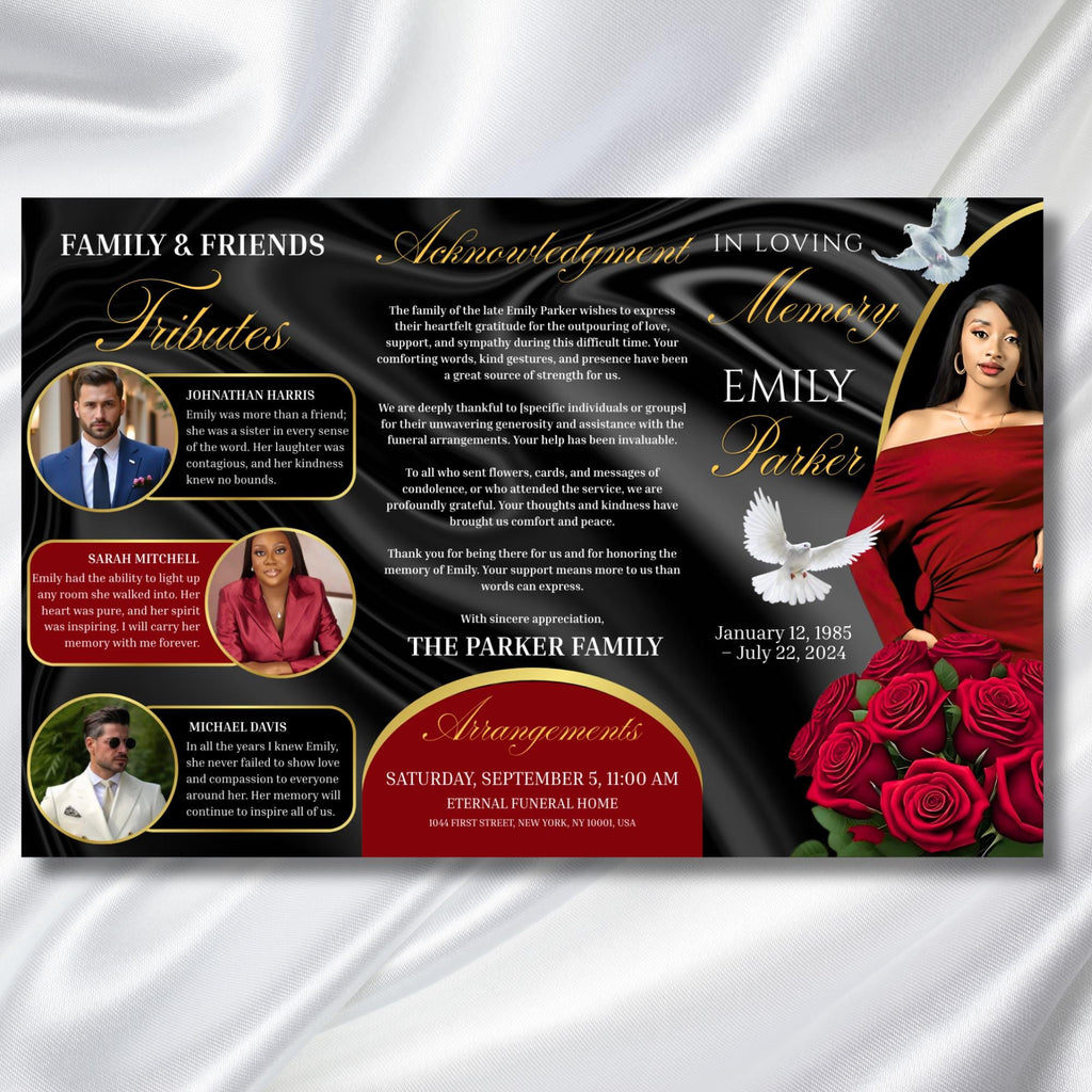 Red & Black Funeral Program Template, Tri-Fold(17x11) Funeral Program, Obituary Celebration Of Life Program, In Loving Memory Templates - Editable Memorial Canva Template