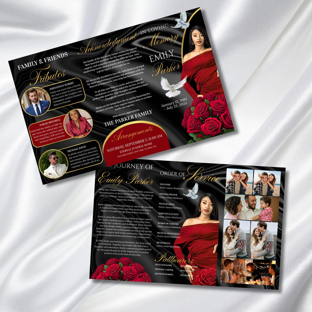 Red & Black Funeral Program Template, Tri-Fold(17x11) Funeral Program, Obituary Celebration Of Life Program, In Loving Memory Templates - Editable Memorial Canva Template