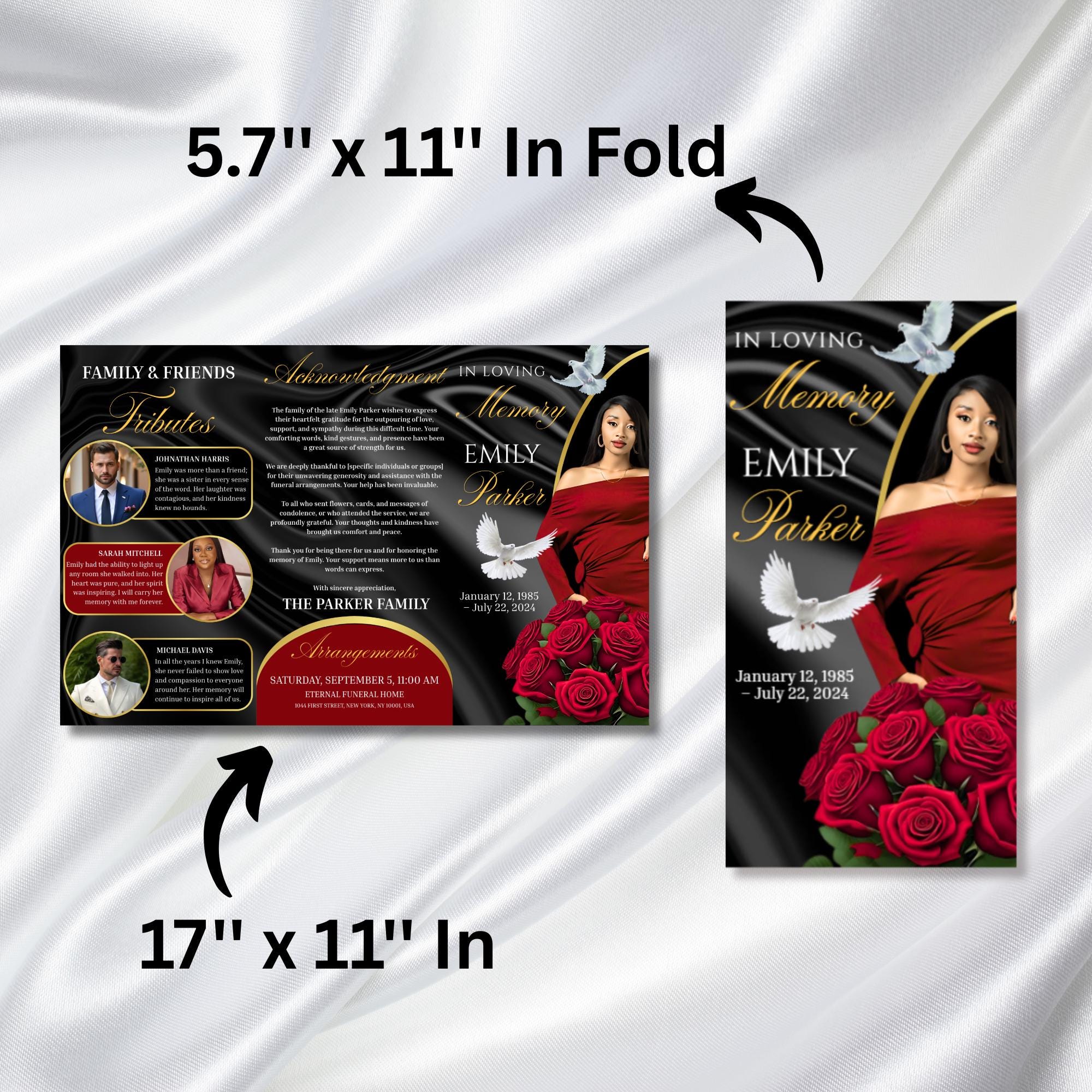 Red & Black Funeral Program Template, Tri-Fold(17x11) Funeral Program, Obituary Celebration Of Life Program, In Loving Memory Templates - Editable Memorial Canva Template