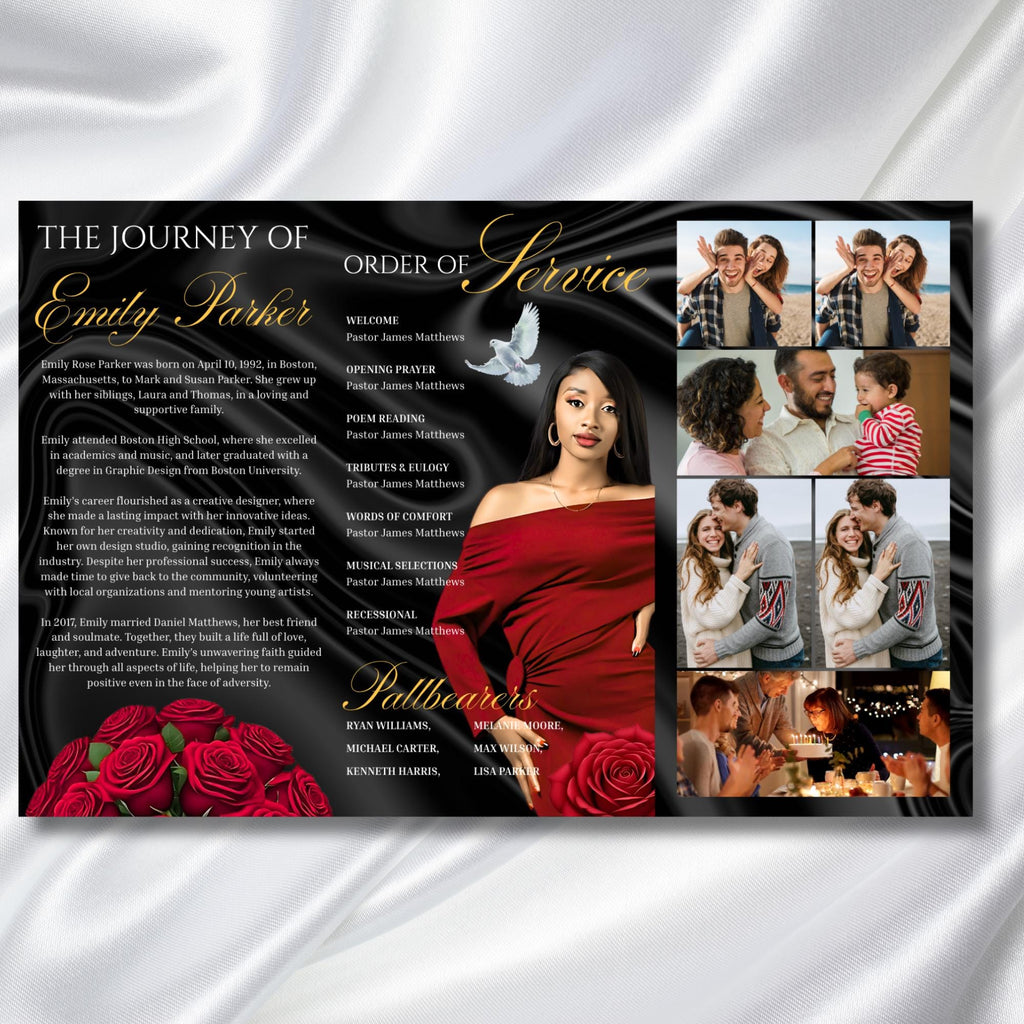 Red & Black Funeral Program Template, Tri-Fold(17x11) Funeral Program, Obituary Celebration Of Life Program, In Loving Memory Templates - Editable Memorial Canva Template