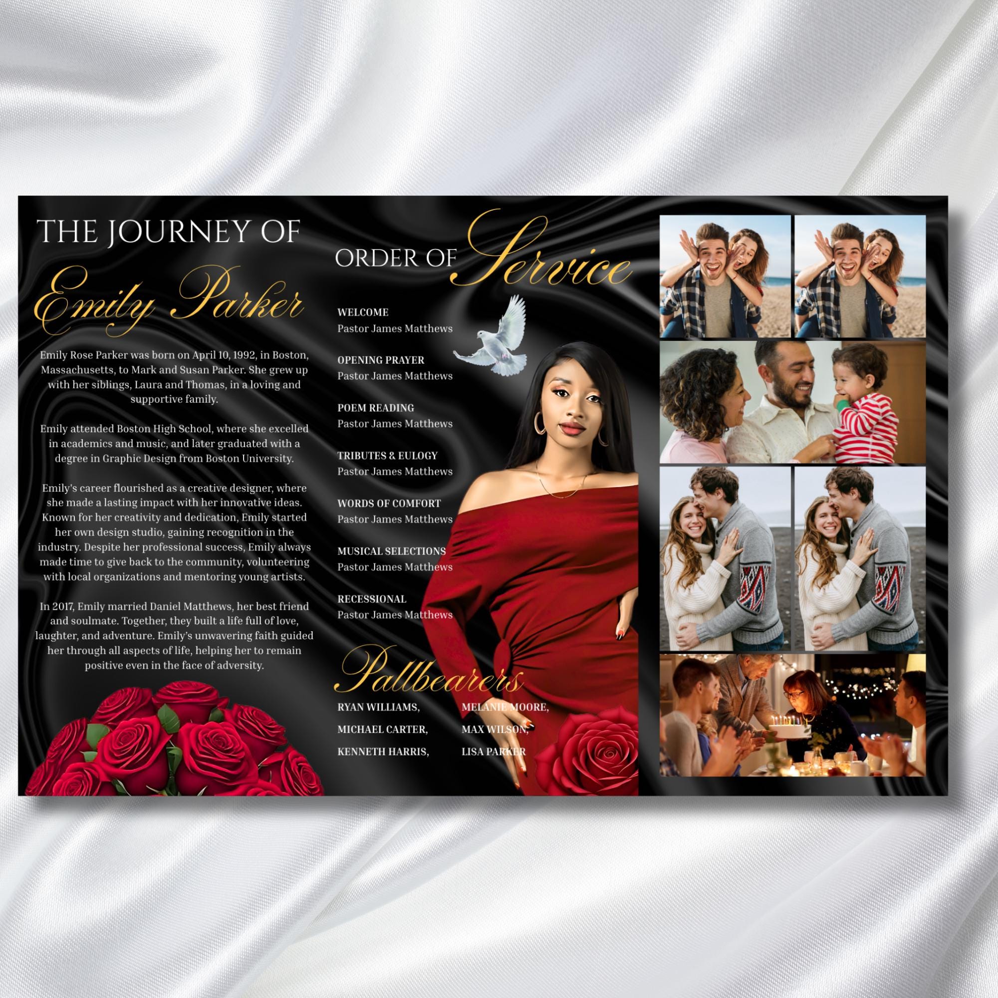 Red & Black Funeral Program Template, Tri-Fold(17x11) Funeral Program, Obituary Celebration Of Life Program, In Loving Memory Templates - Editable Memorial Canva Template