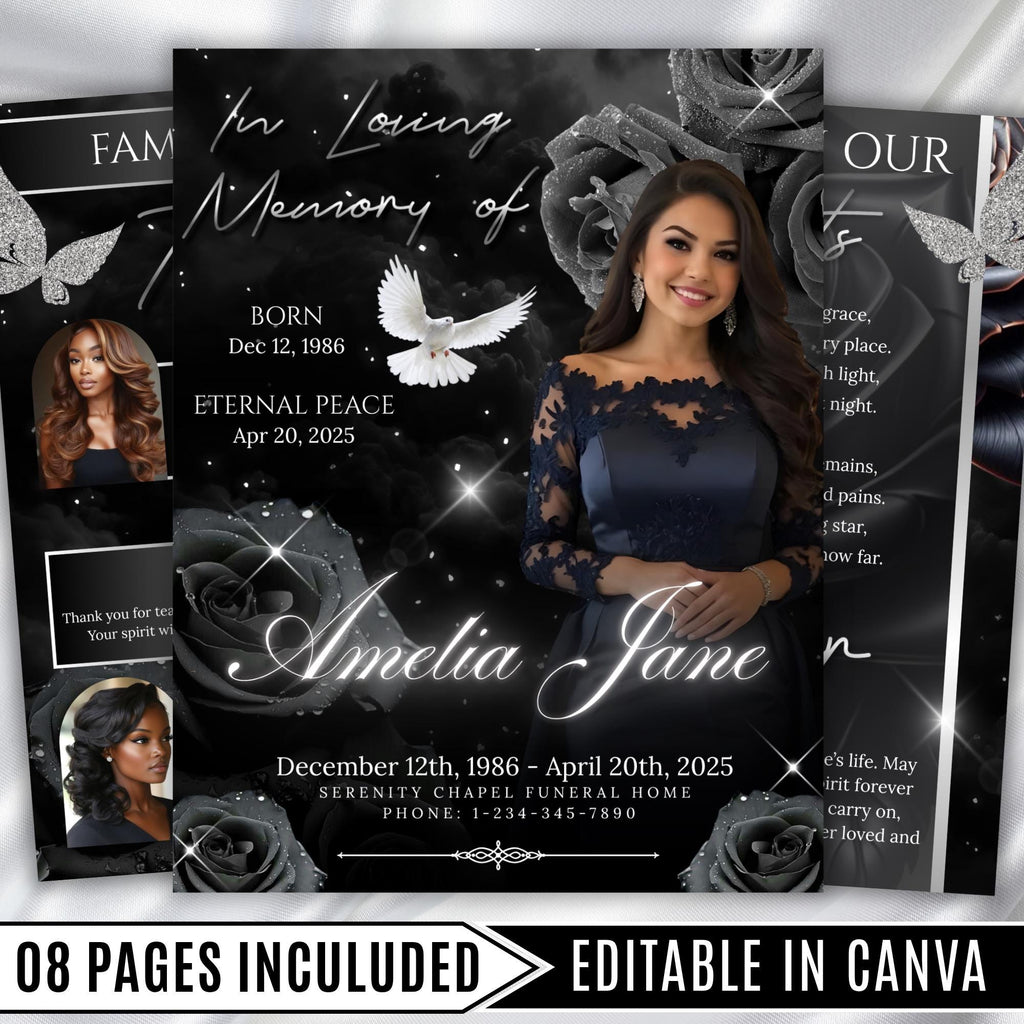 08 Pages Black Roses Funeral Program Template, Bi-Fold Funeral Program, In Loving Memory, Obituary Celebration Of Life Program - Editable Memorial Canva Template