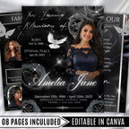 08 Pages Black Roses Funeral Program Template, Bi-Fold Funeral Program, In Loving Memory, Obituary Celebration Of Life Program - Editable Memorial Canva Template