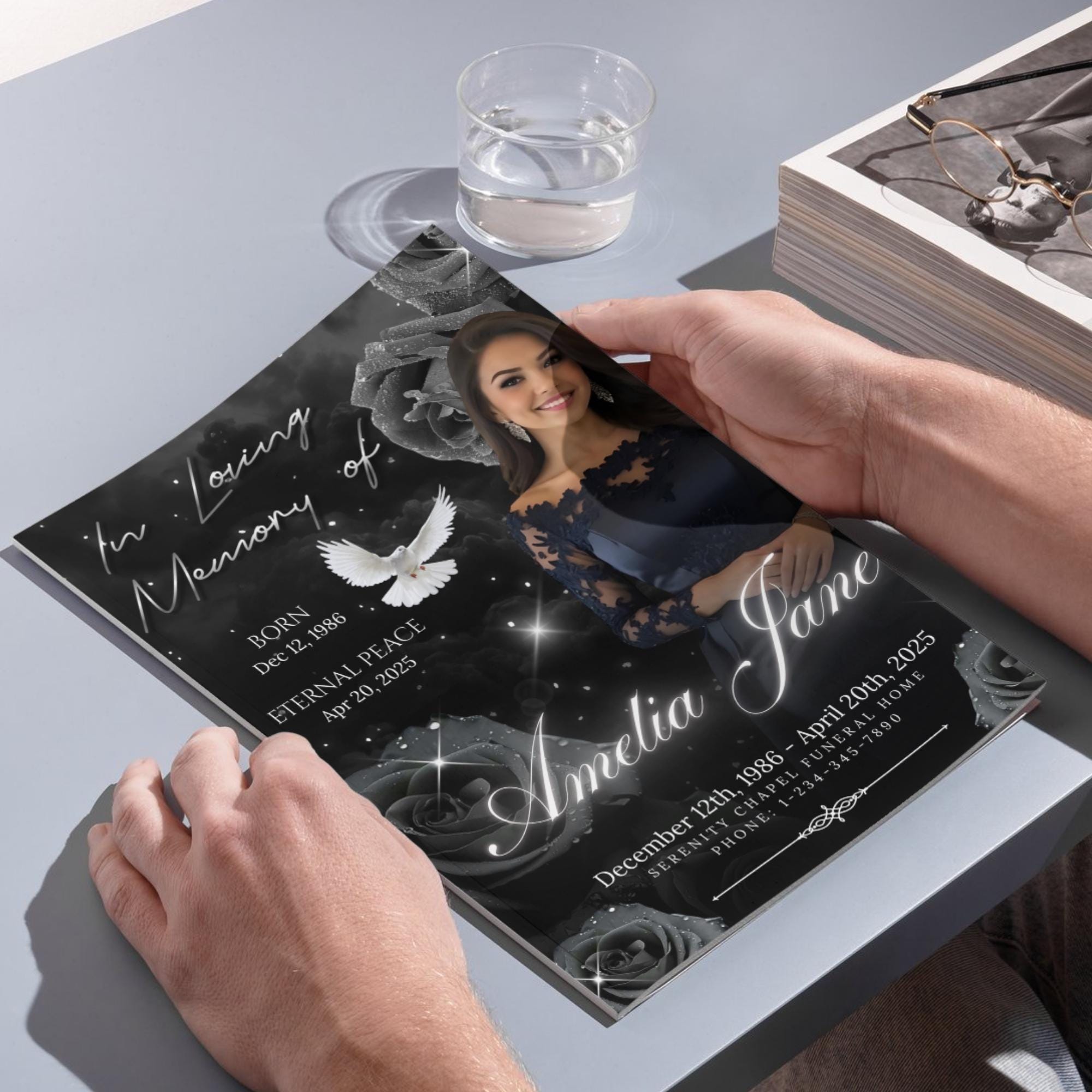 08 Pages Black Roses Funeral Program Template, Bi-Fold Funeral Program, In Loving Memory, Obituary Celebration Of Life Program - Editable Memorial Canva Template