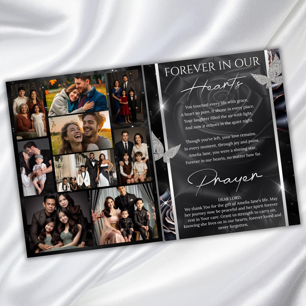 08 Pages Black Roses Funeral Program Template, Bi-Fold Funeral Program, In Loving Memory, Obituary Celebration Of Life Program - Editable Memorial Canva Template