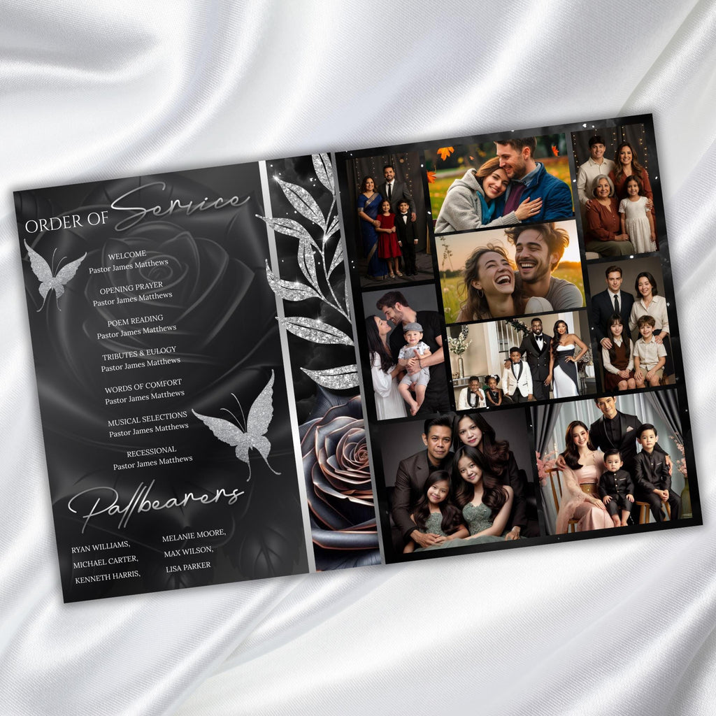 08 Pages Black Roses Funeral Program Template, Bi-Fold Funeral Program, In Loving Memory, Obituary Celebration Of Life Program - Editable Memorial Canva Template