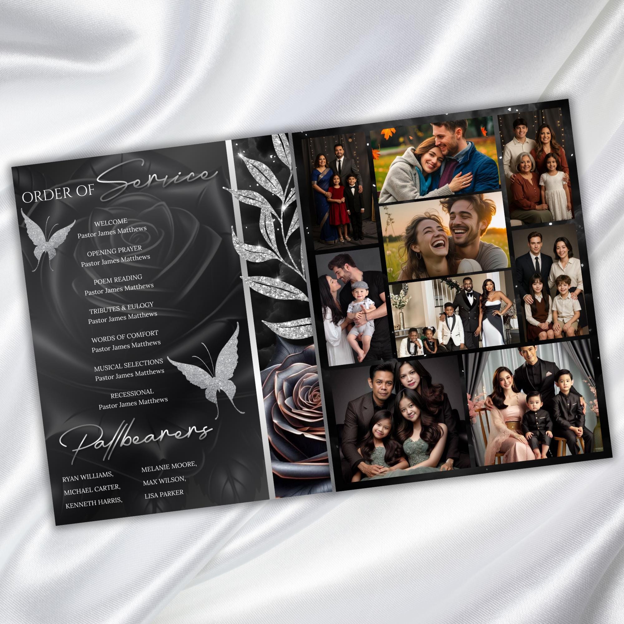 08 Pages Black Roses Funeral Program Template, Bi-Fold Funeral Program, In Loving Memory, Obituary Celebration Of Life Program - Editable Memorial Canva Template