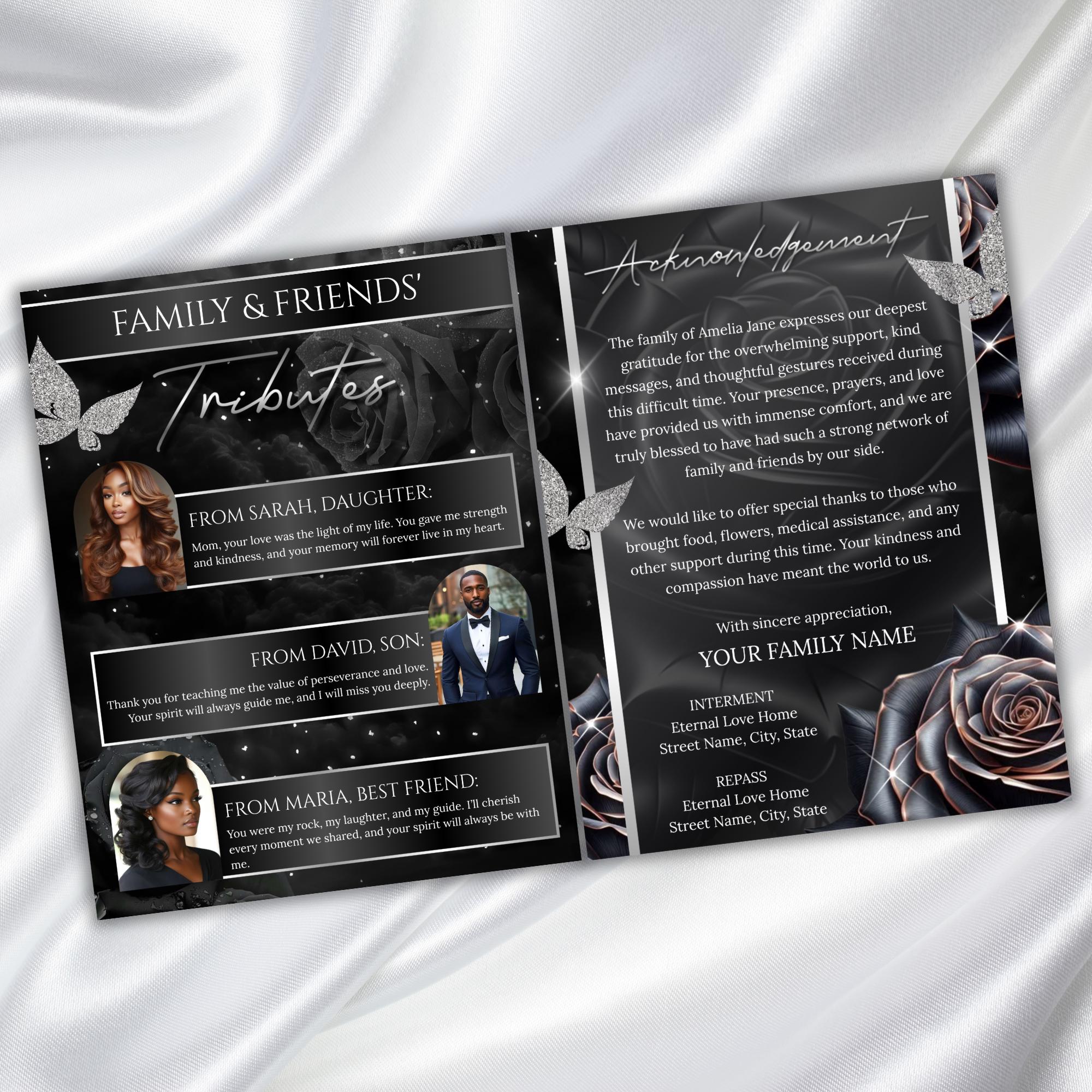 08 Pages Black Roses Funeral Program Template, Bi-Fold Funeral Program, In Loving Memory, Obituary Celebration Of Life Program - Editable Memorial Canva Template