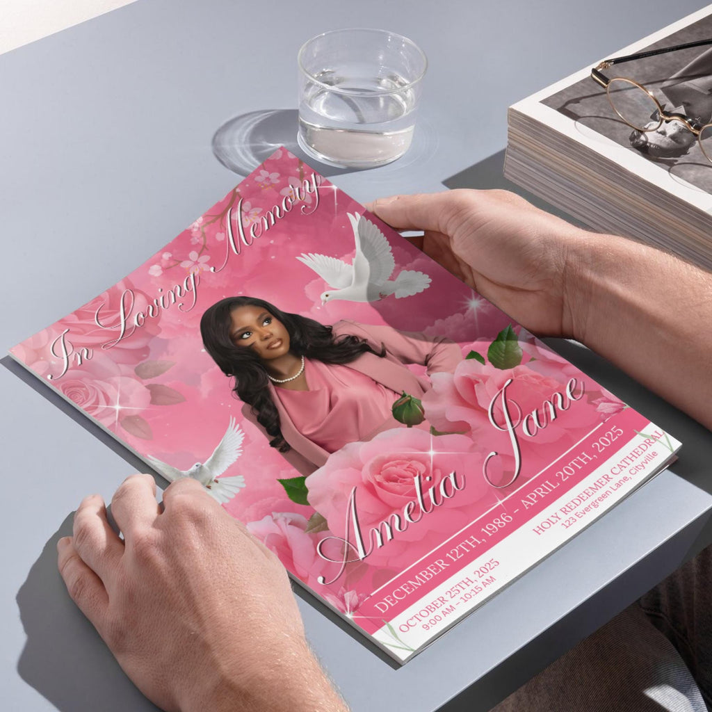 08 Pages Pink Roses Funeral Program Template, Bi-Fold Funeral Program, In Loving Memory, Obituary Celebration Of Life Program - Editable Memorial Canva Template
