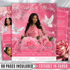 08 Pages Pink Roses Funeral Program Template, Bi-Fold Funeral Program, In Loving Memory, Obituary Celebration Of Life Program - Editable Memorial Canva Template