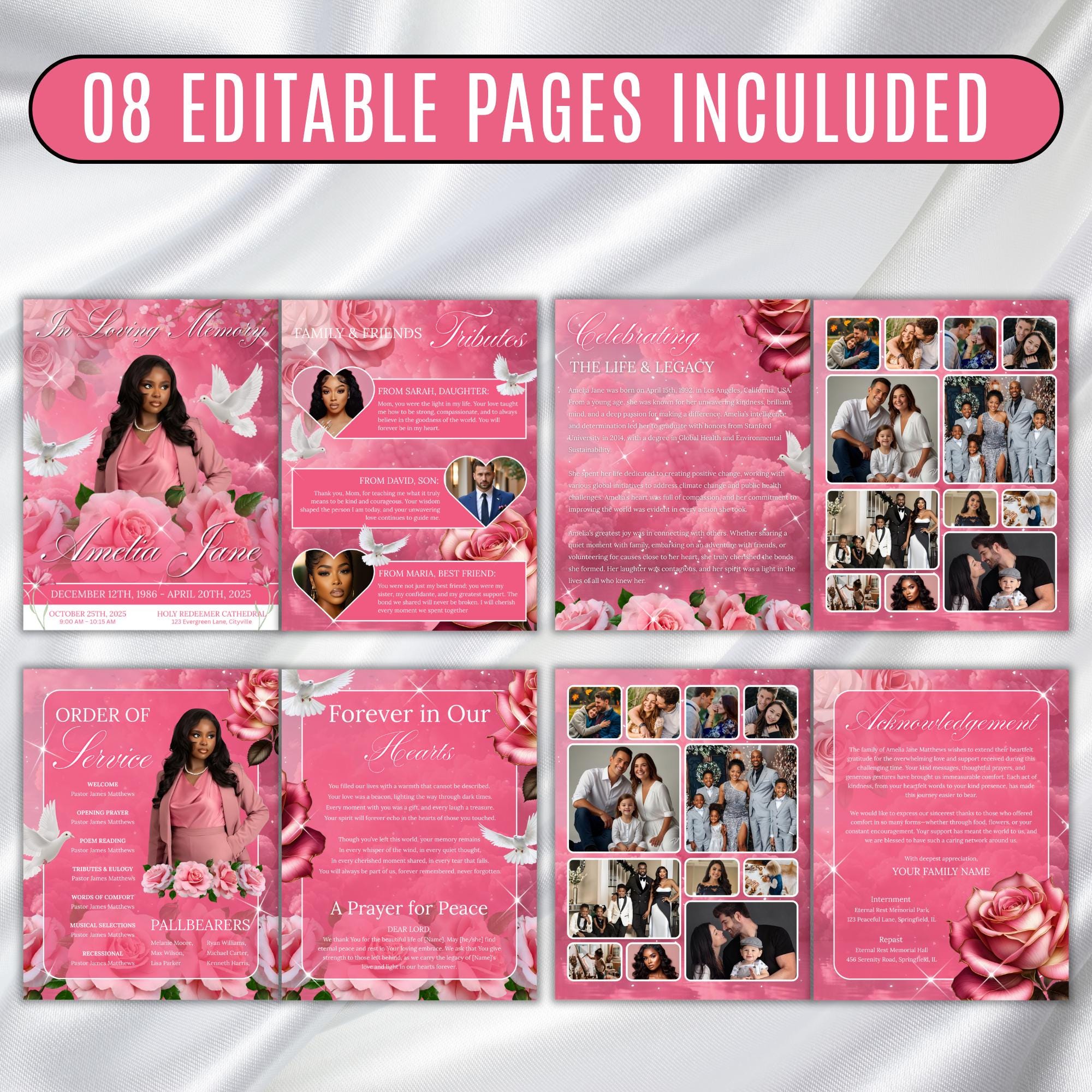 08 Pages Pink Roses Funeral Program Template, Bi-Fold Funeral Program, In Loving Memory, Obituary Celebration Of Life Program - Editable Memorial Canva Template