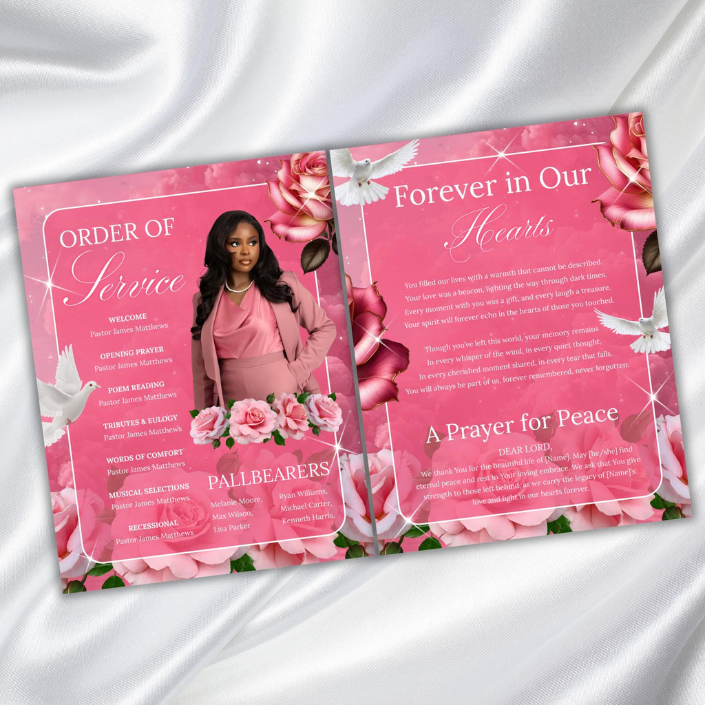 08 Pages Pink Roses Funeral Program Template, Bi-Fold Funeral Program, In Loving Memory, Obituary Celebration Of Life Program - Editable Memorial Canva Template