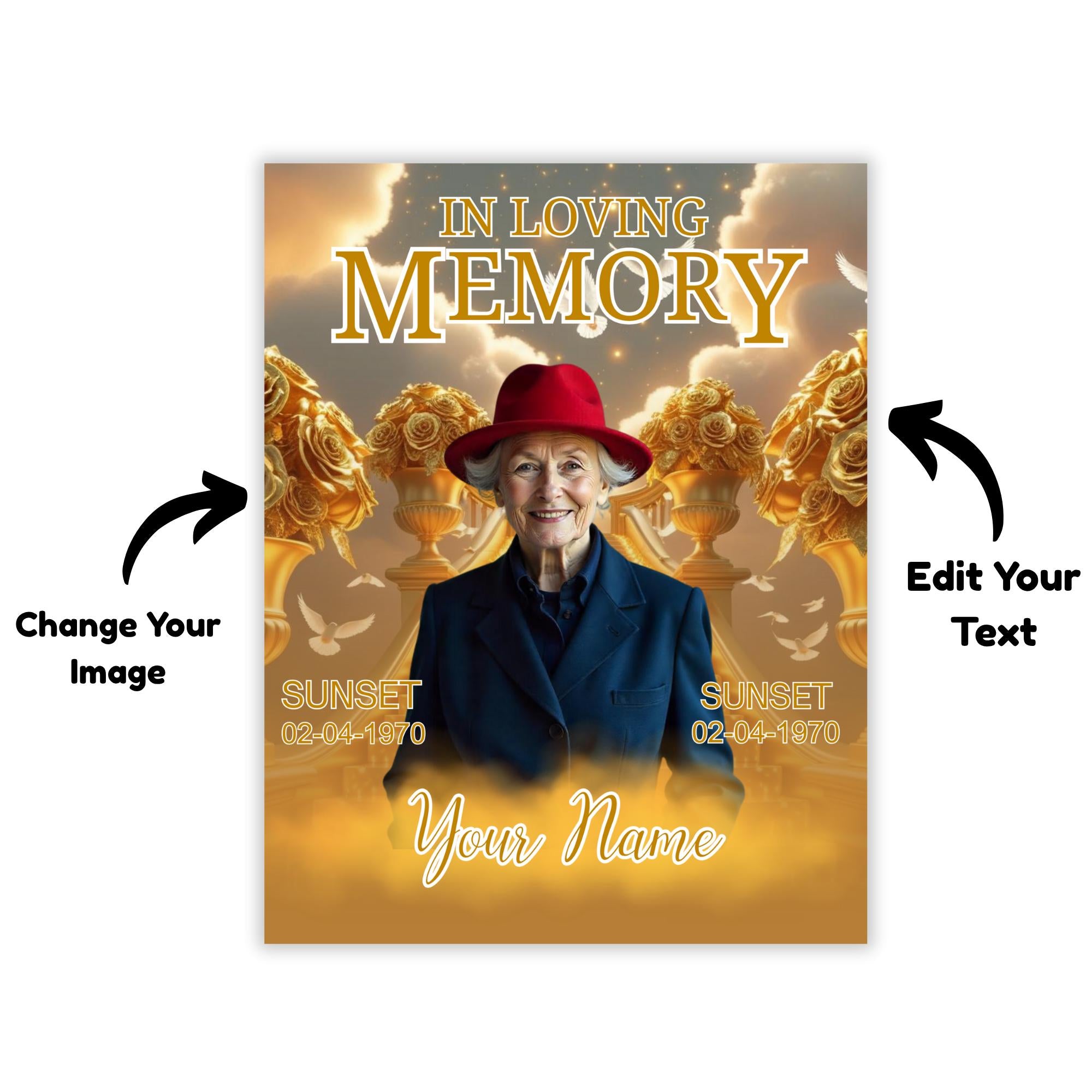 06 Golden In Loving Memory Canva Editable Templates, Memorial Canva Template, In Loving Memory Templates, Funeral & Celebration of Life - Editable Memorial Canva Template