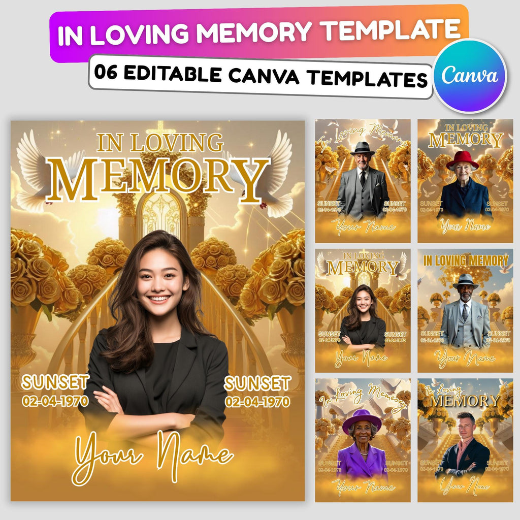 06 Golden In Loving Memory Canva Editable Templates, Memorial Canva Template, In Loving Memory Templates, Funeral & Celebration of Life - Editable Memorial Canva Template