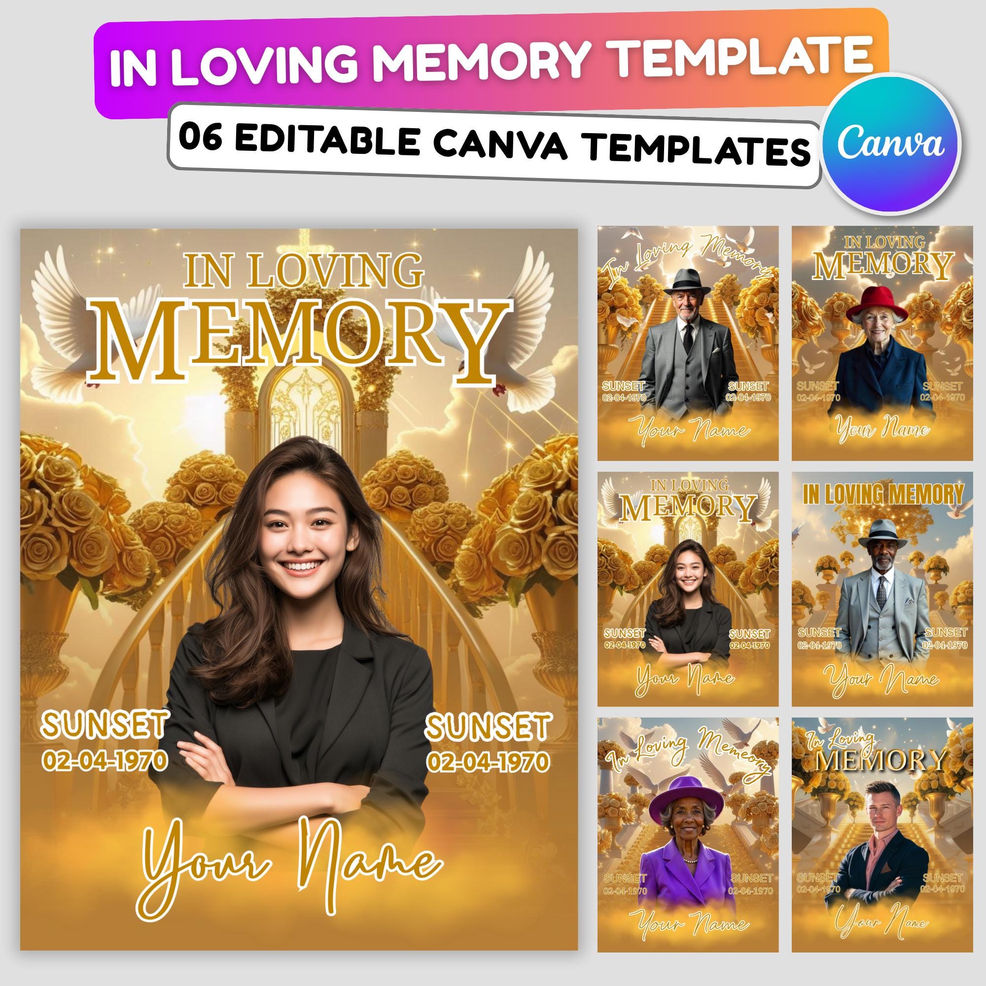 06 Golden In Loving Memory Canva Editable Templates, Memorial Canva Template, In Loving Memory Templates, Funeral & Celebration of Life - Editable Memorial Canva Template