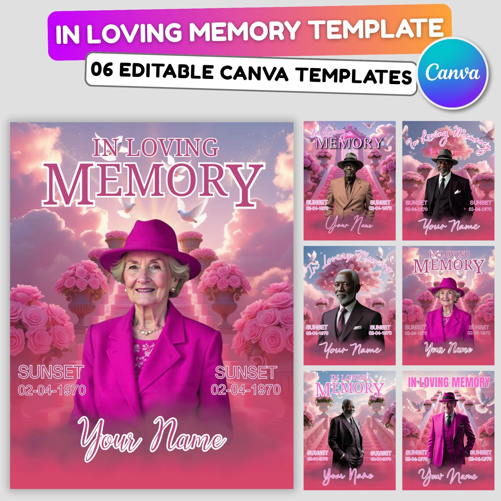 06 Soft Pink In Loving Memory Canva Editable Templates, Memorial Canva Template, In Loving Memory Templates, Funeral & Celebration of Life - Editable Memorial Canva Template