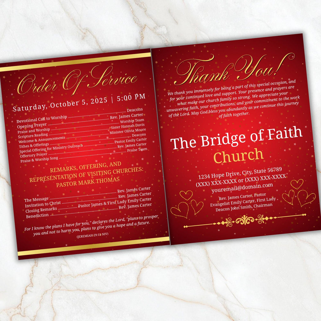 Red Church Anniversary Program Template, Editable Bifold 8.5x11” Design, Church Appreciation Program, Anniversary & Faith Celebration - Editable Memorial Canva Template