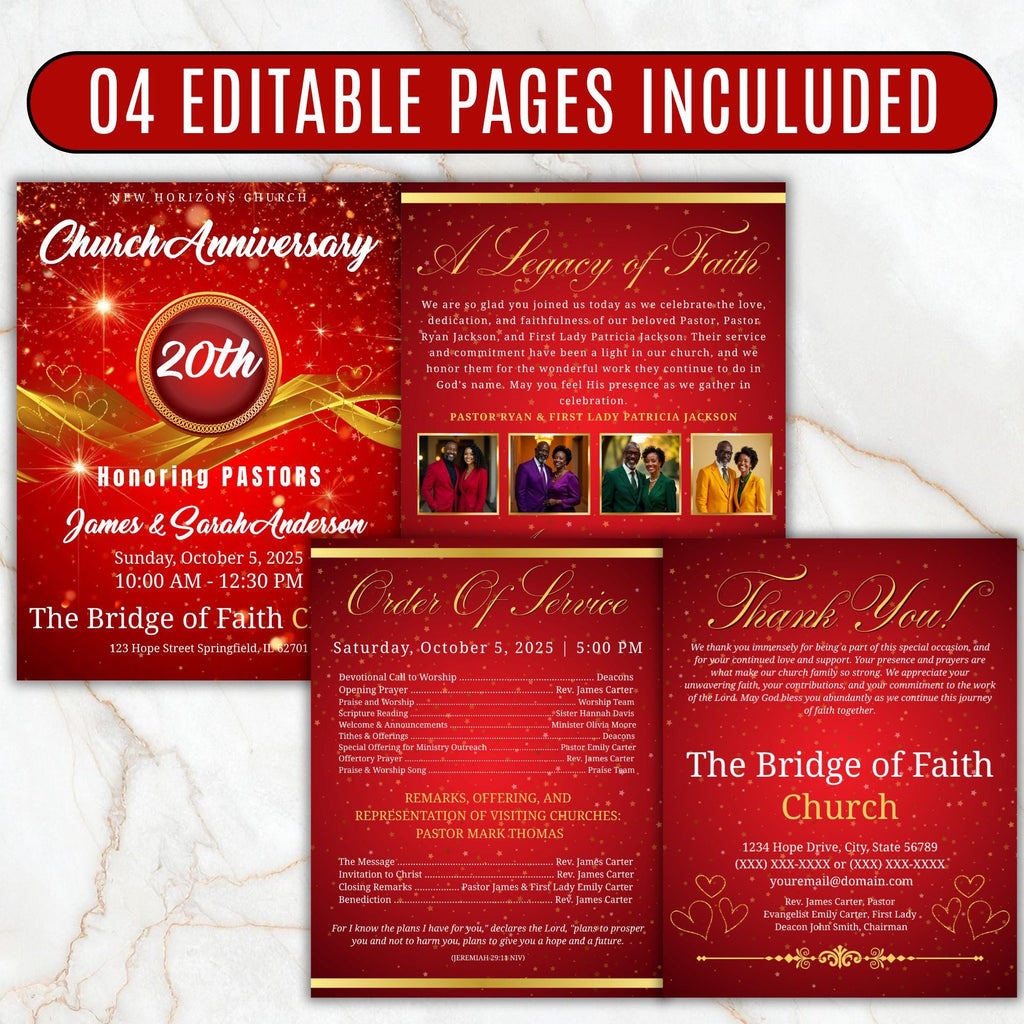 Red Church Anniversary Program Template, Editable Bifold 8.5x11” Design, Church Appreciation Program, Anniversary & Faith Celebration - Editable Memorial Canva Template