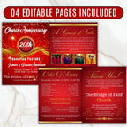 Red Church Anniversary Program Template, Editable Bifold 8.5x11” Design, Church Appreciation Program, Anniversary & Faith Celebration - Editable Memorial Canva Template