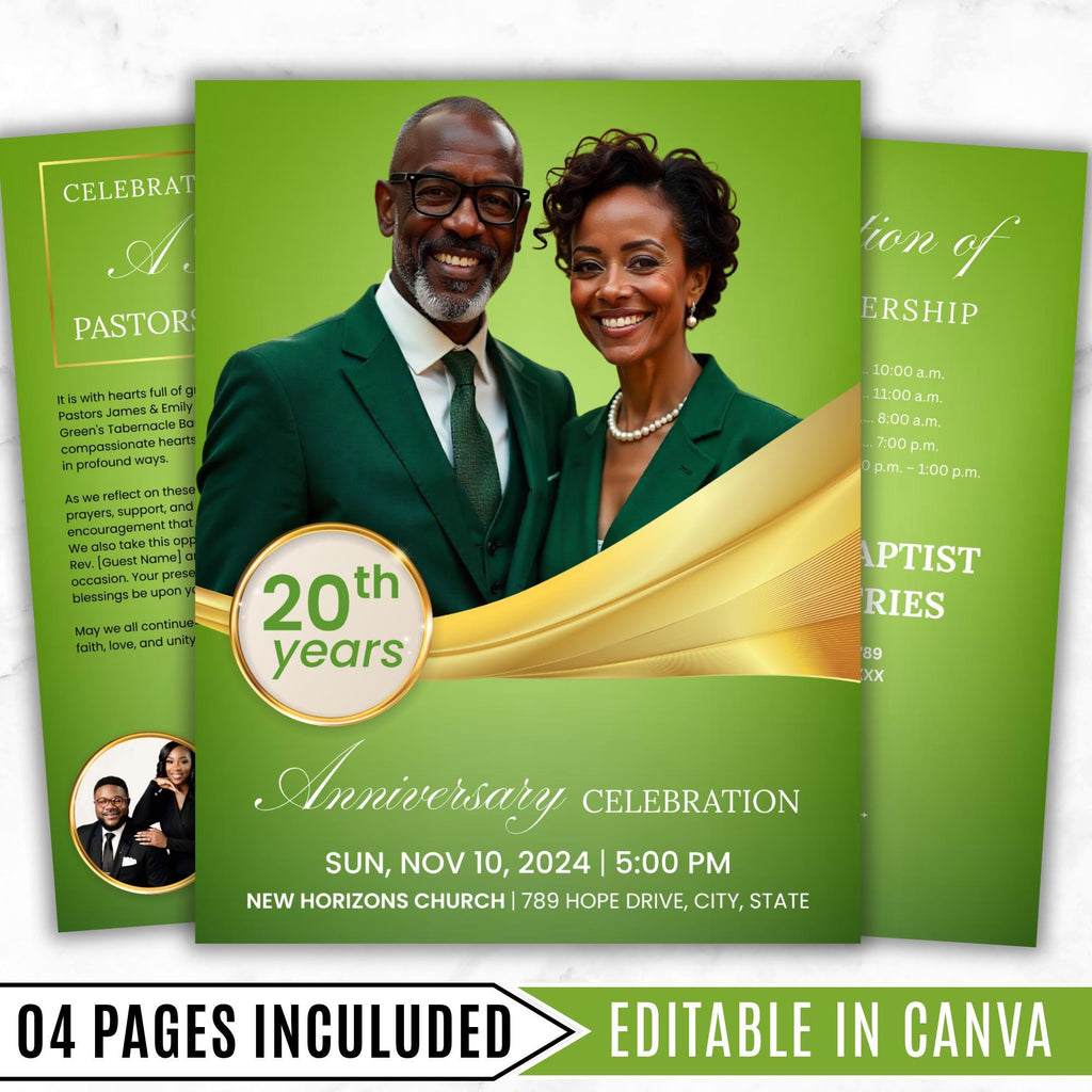 Light Green Church Anniversary Program Template, Editable Bifold 8.5x11” Design, Church Appreciation Program,Anniversary & Faith Celebration - Editable Memorial Canva Template