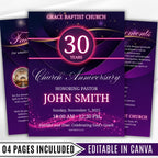 Purple Church Anniversary Program Template, Editable Bifold 8.5x11” Design, Church Appreciation Program,Anniversary & Faith Celebration - Editable Memorial Canva Template