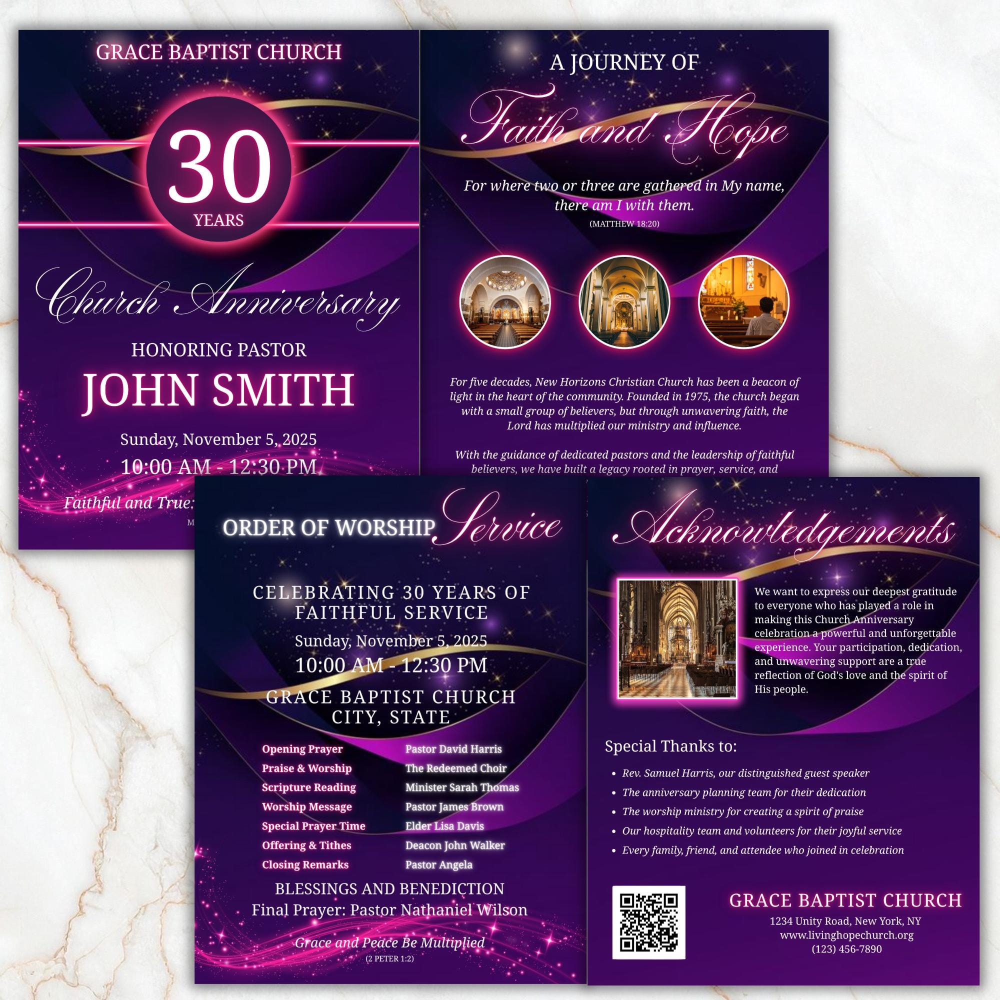 Purple Church Anniversary Program Template, Editable Bifold 8.5x11” Design, Church Appreciation Program,Anniversary & Faith Celebration - Editable Memorial Canva Template