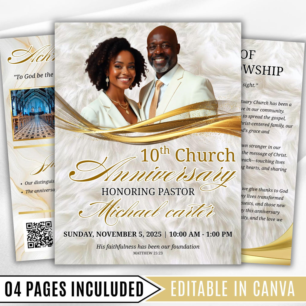 White Purple Church Anniversary Program Template, Editable Bifold 8.5x11” Design, Church Appreciation Program, Anniversary Faith Celebration - Editable Memorial Canva Template