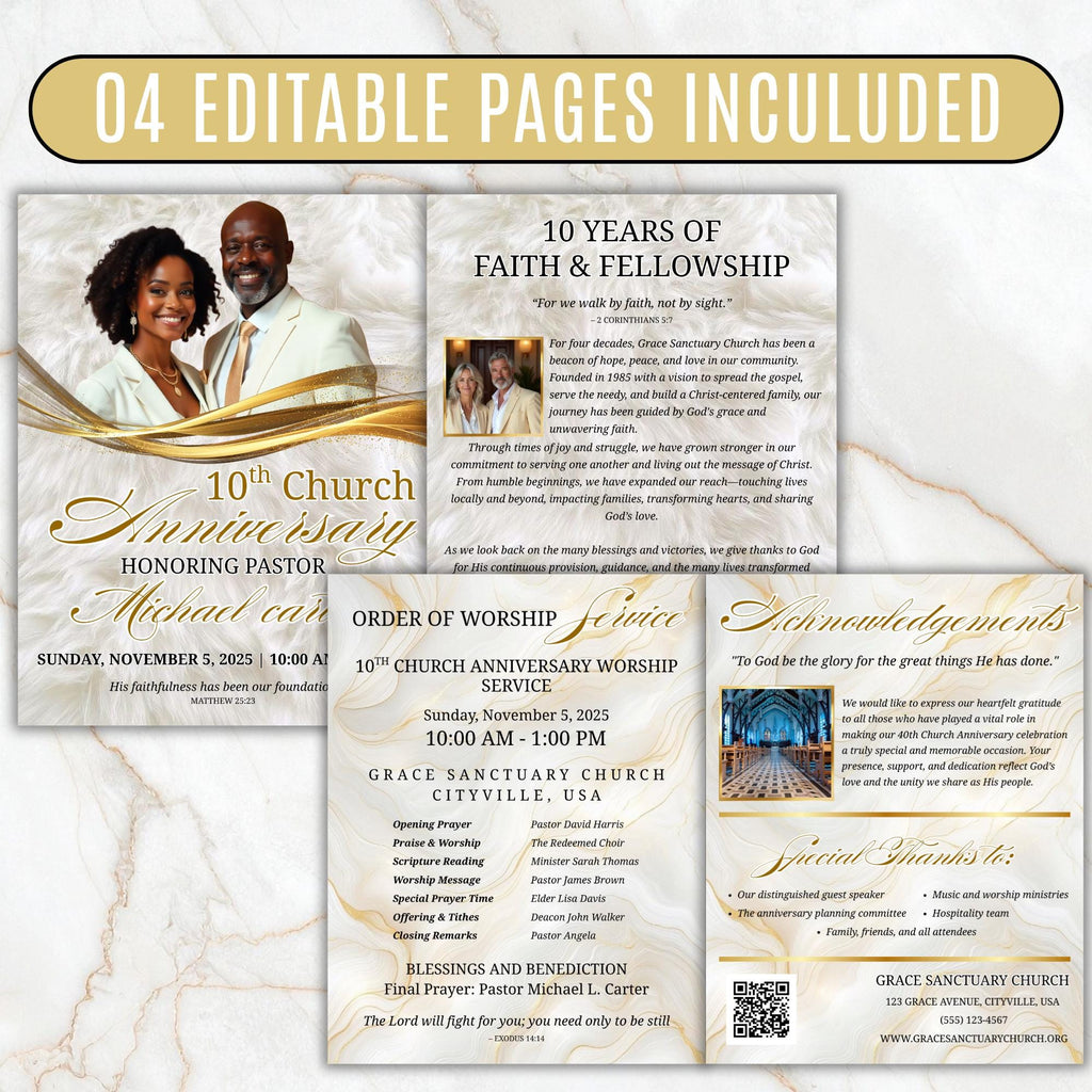 White Purple Church Anniversary Program Template, Editable Bifold 8.5x11” Design, Church Appreciation Program, Anniversary Faith Celebration - Editable Memorial Canva Template