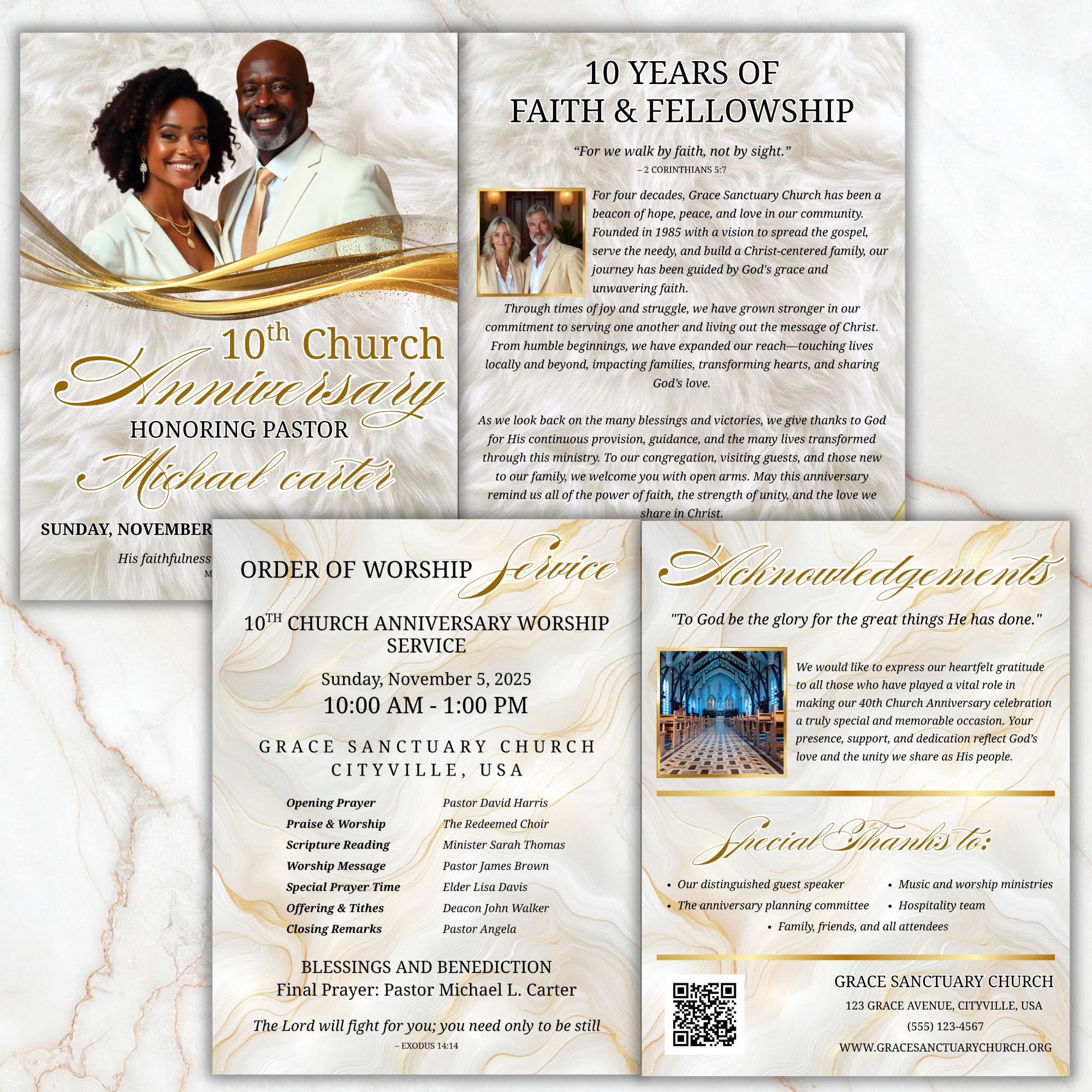 White Purple Church Anniversary Program Template, Editable Bifold 8.5x11” Design, Church Appreciation Program, Anniversary Faith Celebration - Editable Memorial Canva Template
