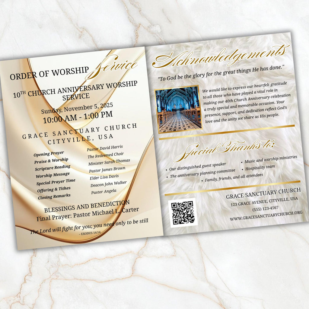 White Purple Church Anniversary Program Template, Editable Bifold 8.5x11” Design, Church Appreciation Program, Anniversary Faith Celebration - Editable Memorial Canva Template