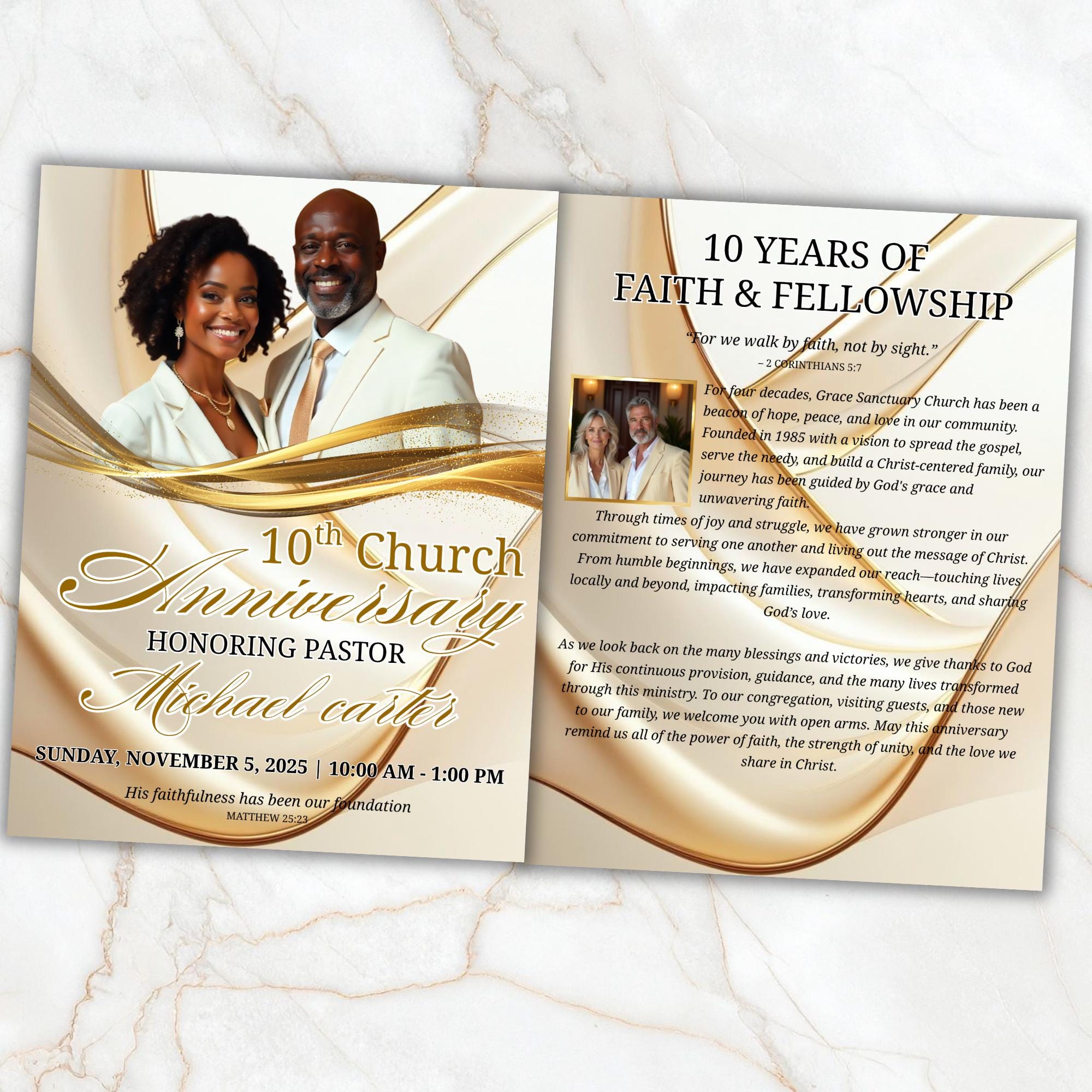 White Purple Church Anniversary Program Template, Editable Bifold 8.5x11” Design, Church Appreciation Program, Anniversary Faith Celebration - Editable Memorial Canva Template