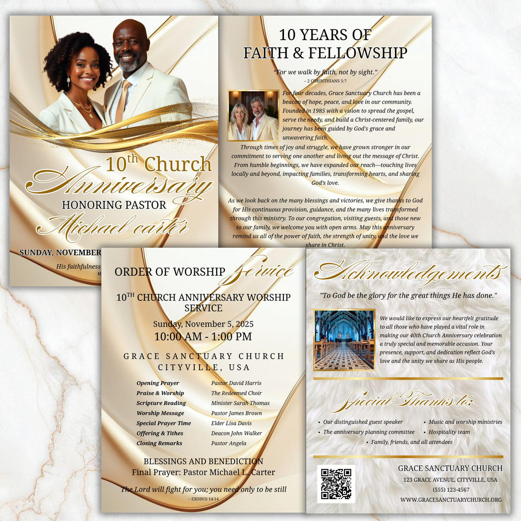 White Purple Church Anniversary Program Template, Editable Bifold 8.5x11” Design, Church Appreciation Program, Anniversary Faith Celebration - Editable Memorial Canva Template