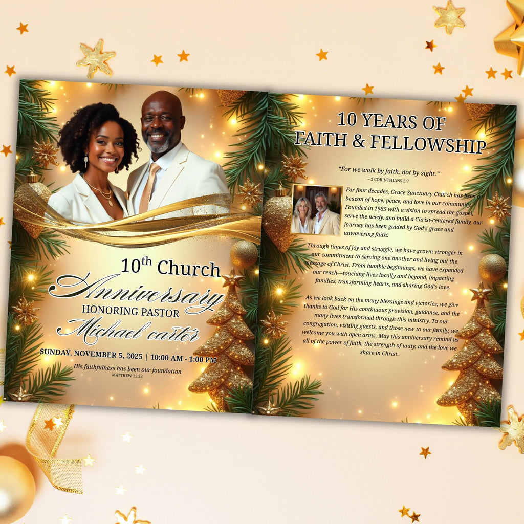 Christmas Golden Church Anniversary Program Template, Editable Bifold 8.5x11”, Church Appreciation Program, Anniversary Celebration - Editable Memorial Canva Template