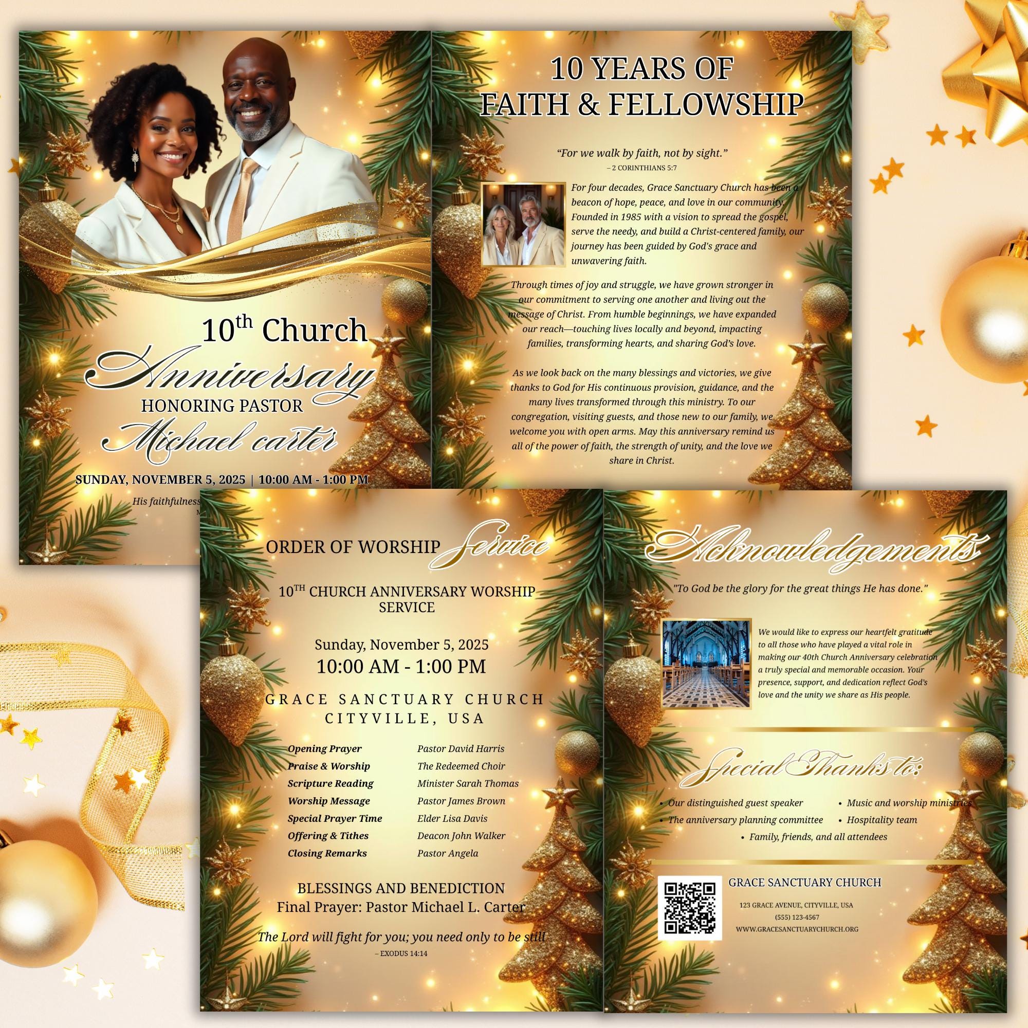 Christmas Golden Church Anniversary Program Template, Editable Bifold 8.5x11”, Church Appreciation Program, Anniversary Celebration - Editable Memorial Canva Template