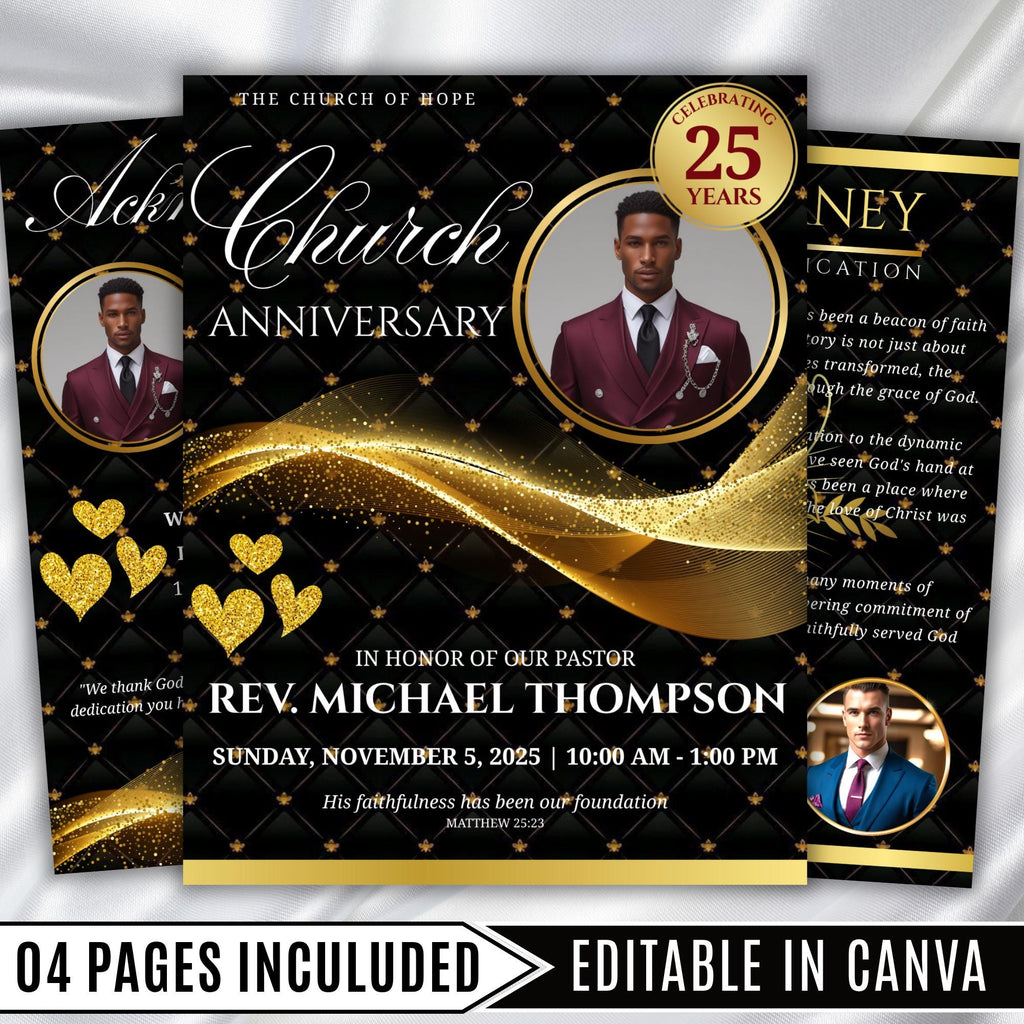 Black & Golden Pastor Anniversary Church Program, Editable Bifold 8.5x11” Design, Church Appreciation Program, Anniversary Faith Celebration - Editable Memorial Canva Template