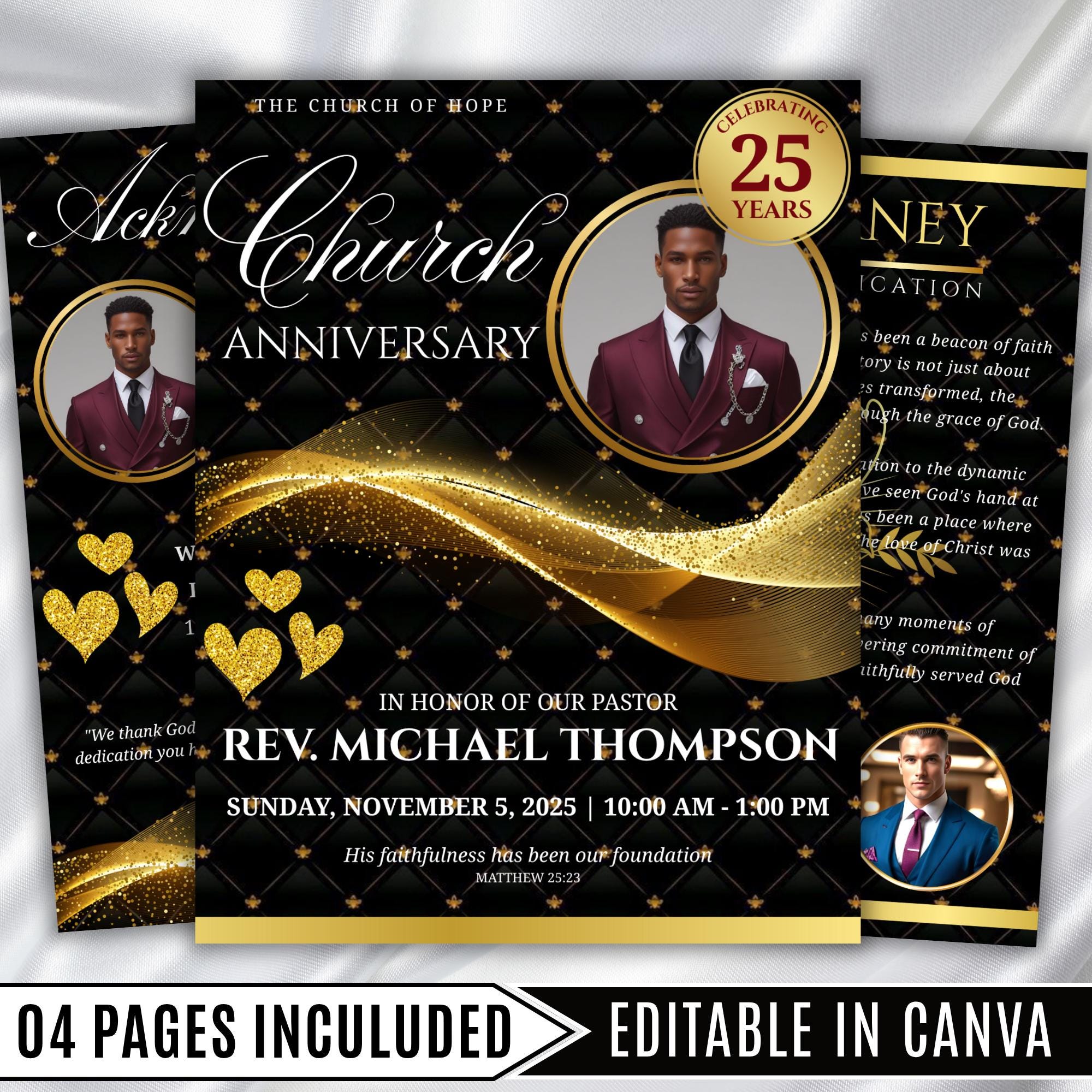 Black & Golden Pastor Anniversary Church Program, Editable Bifold 8.5x11” Design, Church Appreciation Program, Anniversary Faith Celebration - Editable Memorial Canva Template