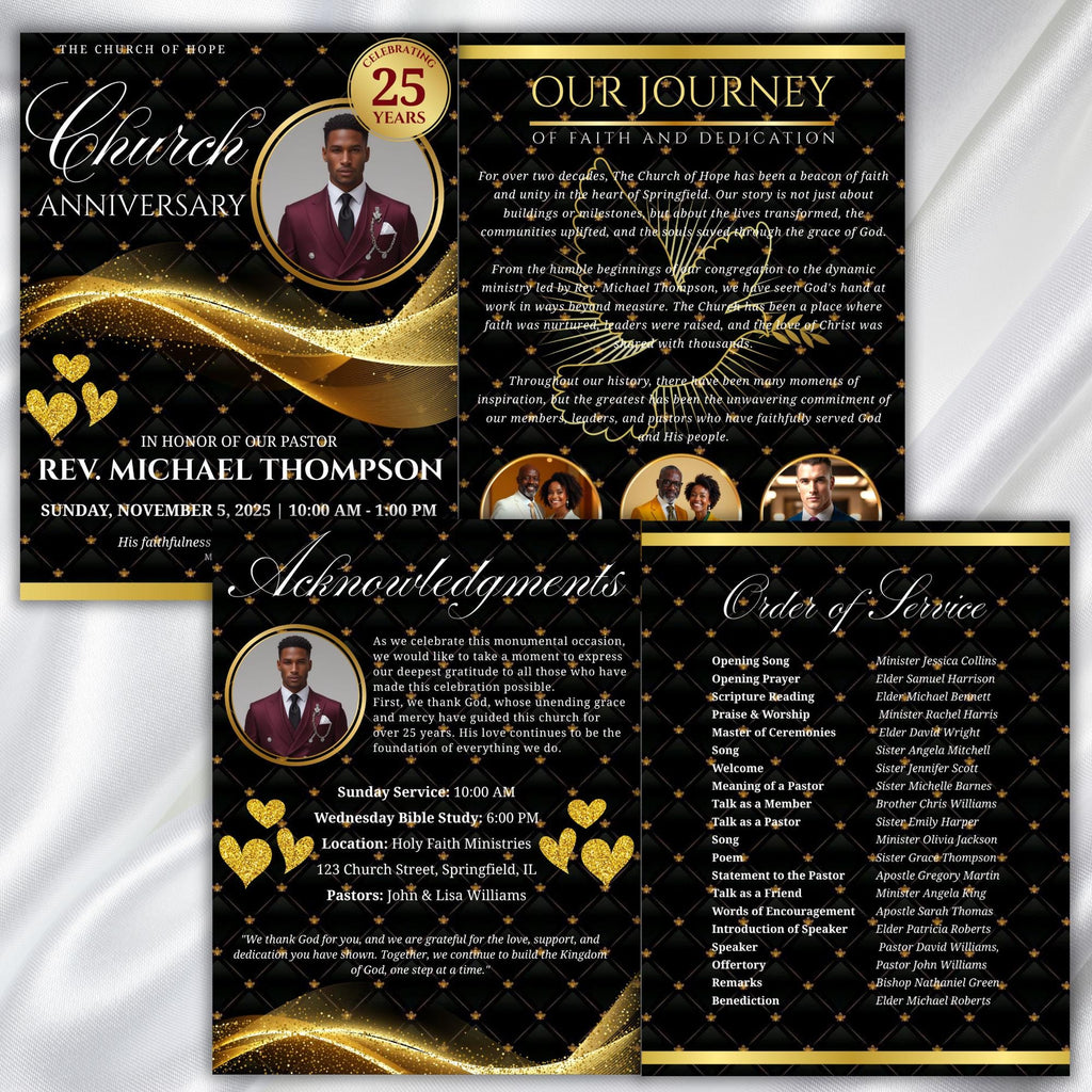 Black & Golden Pastor Anniversary Church Program, Editable Bifold 8.5x11” Design, Church Appreciation Program, Anniversary Faith Celebration - Editable Memorial Canva Template