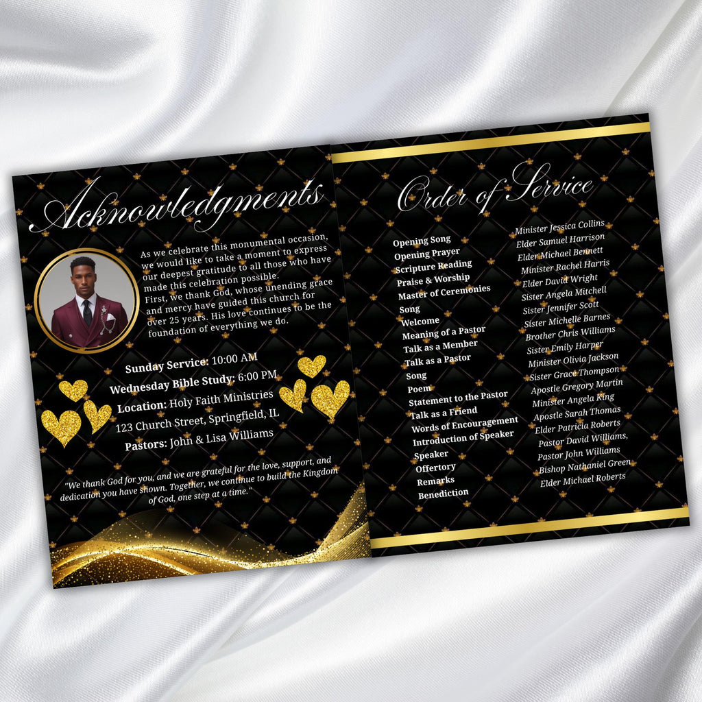 Black & Golden Pastor Anniversary Church Program, Editable Bifold 8.5x11” Design, Church Appreciation Program, Anniversary Faith Celebration - Editable Memorial Canva Template