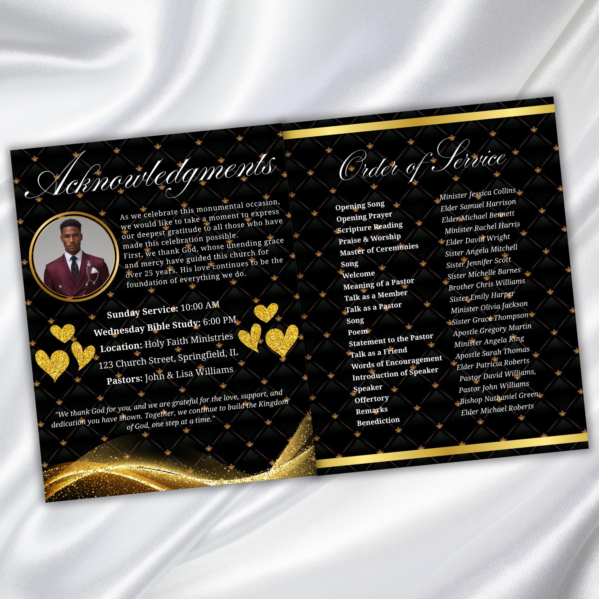 Black & Golden Pastor Anniversary Church Program, Editable Bifold 8.5x11” Design, Church Appreciation Program, Anniversary Faith Celebration - Editable Memorial Canva Template
