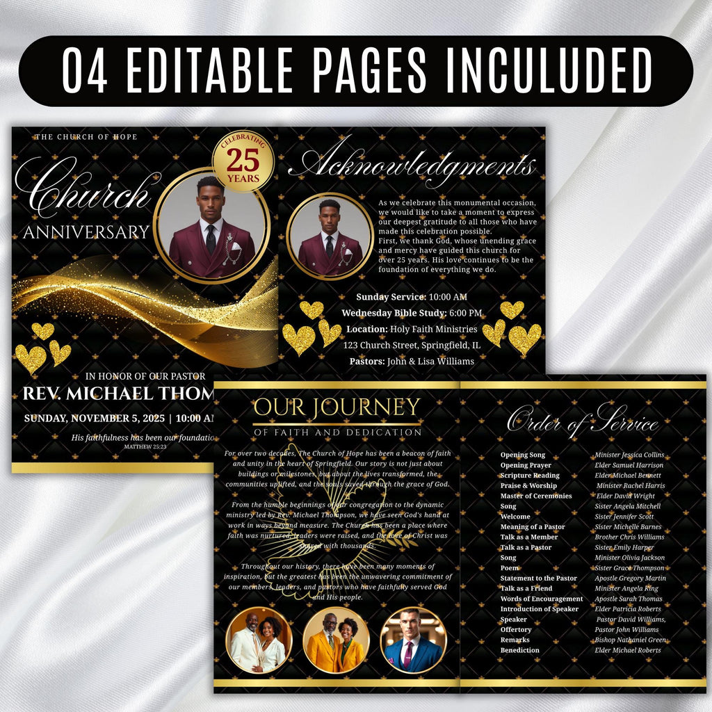 Black & Golden Pastor Anniversary Church Program, Editable Bifold 8.5x11” Design, Church Appreciation Program, Anniversary Faith Celebration - Editable Memorial Canva Template