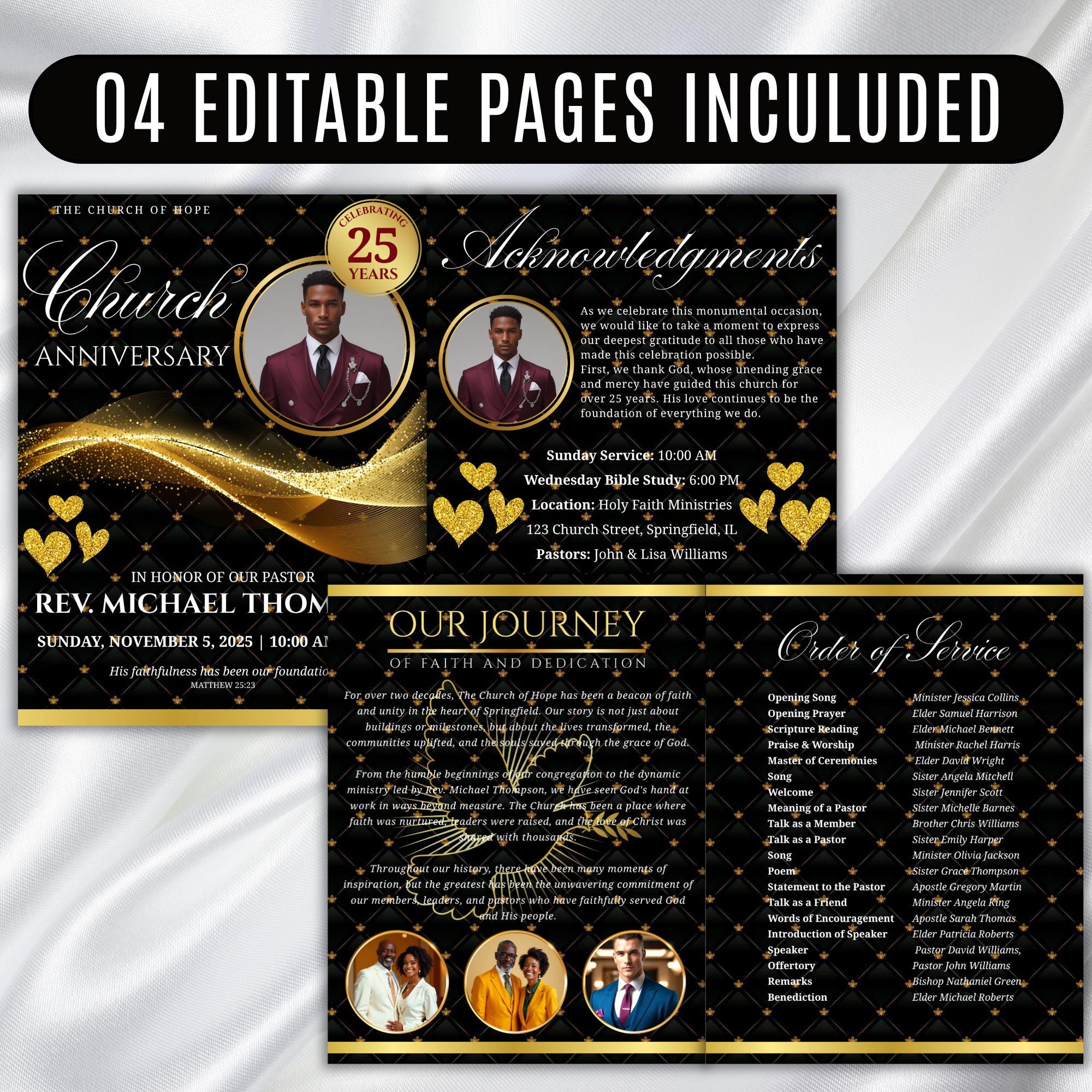 Black & Golden Pastor Anniversary Church Program, Editable Bifold 8.5x11” Design, Church Appreciation Program, Anniversary Faith Celebration - Editable Memorial Canva Template