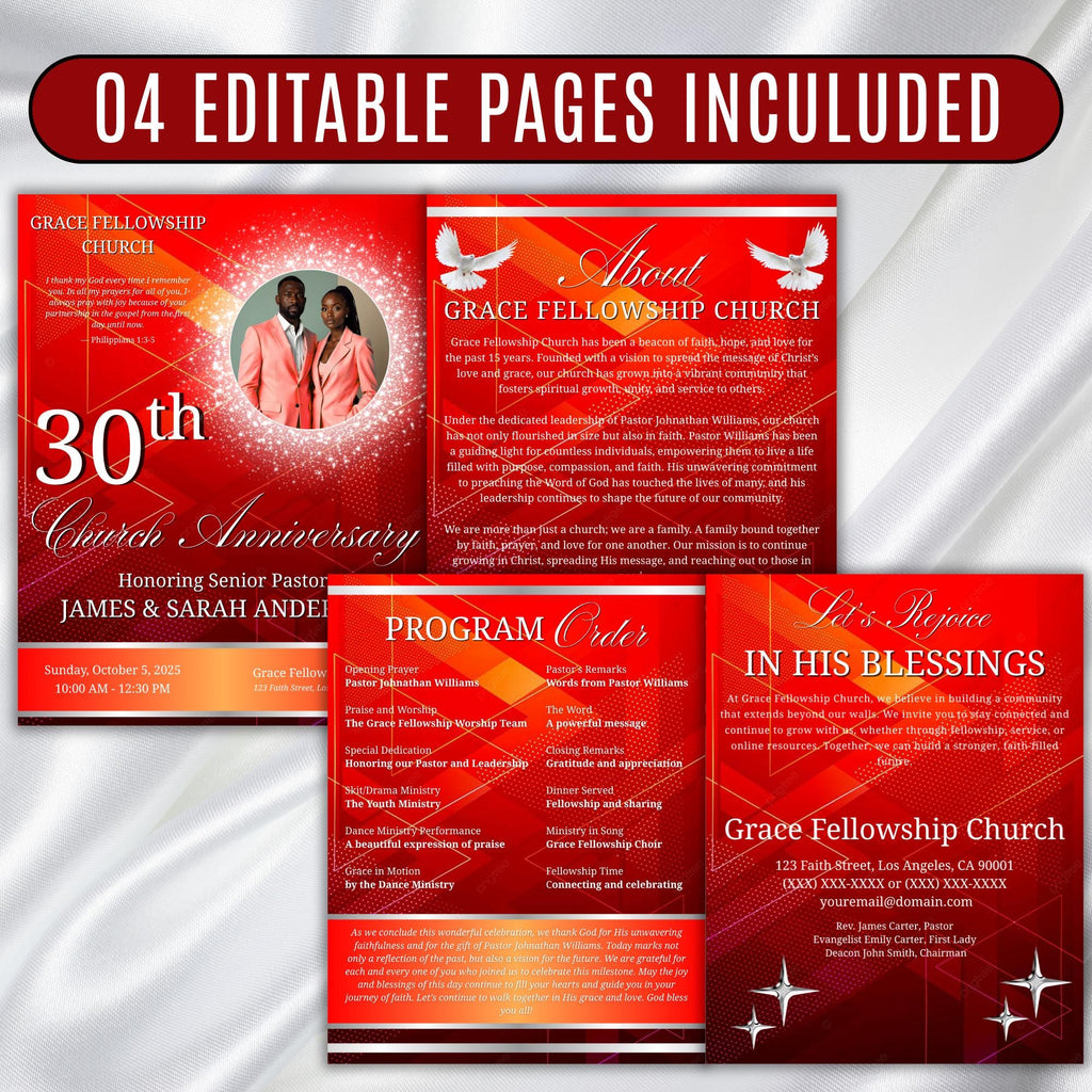 Red Pastor Anniversary Church Program, Editable Bifold 8.5x11” Design, Church Appreciation Program, Anniversary Faith Celebration - Editable Memorial Canva Template